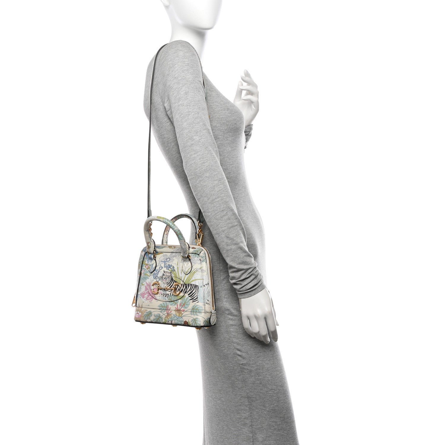 New Shangai Calfskin Tiger Savanah Web Mini Horsebit 1955 Top Handle Bag Chalky White Multicolor
