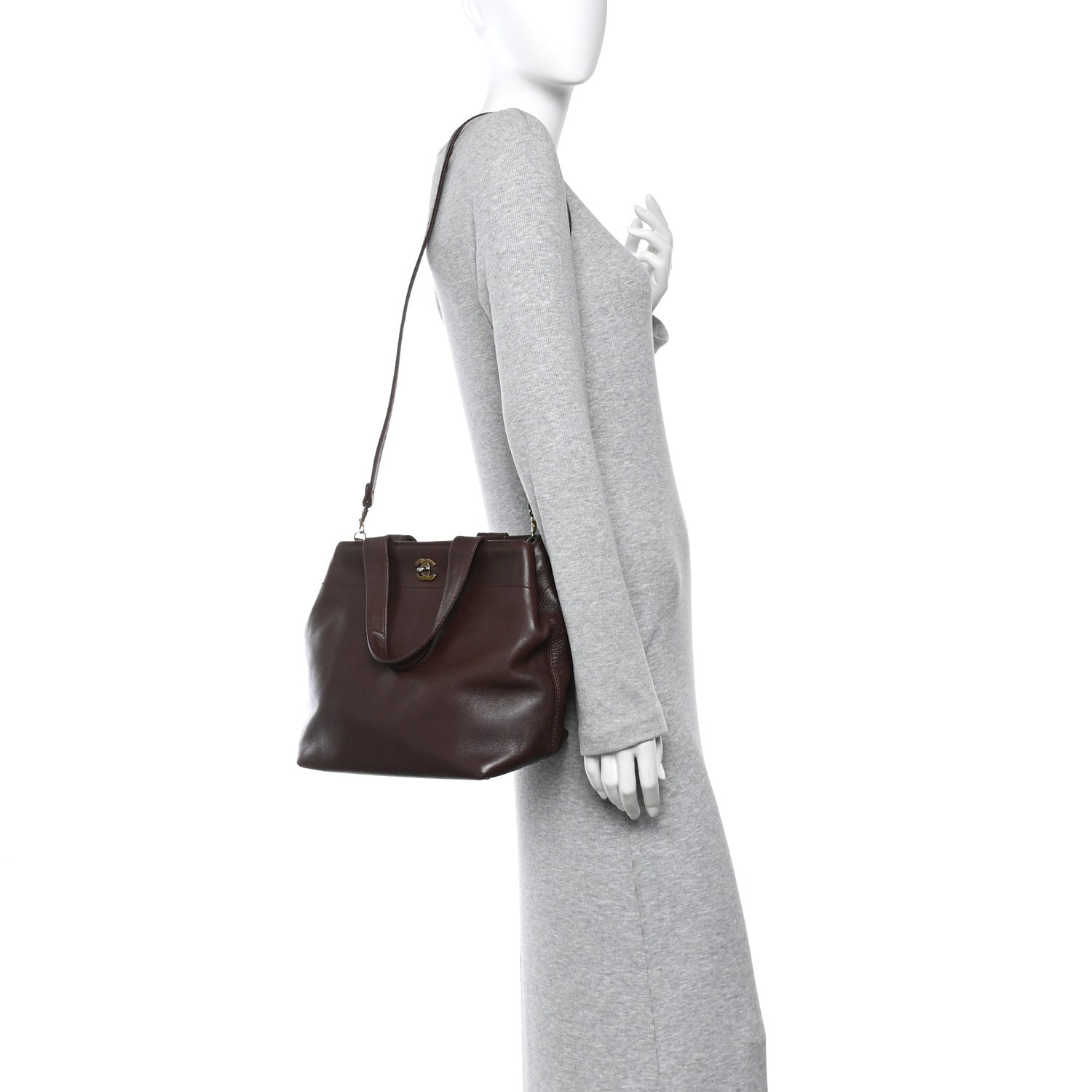 Calfskin Turnlock Shopper Tote Brown