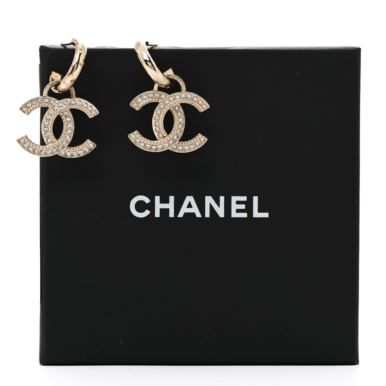 Metal Crystal Studded CC Hoop Drop Earrings Gold