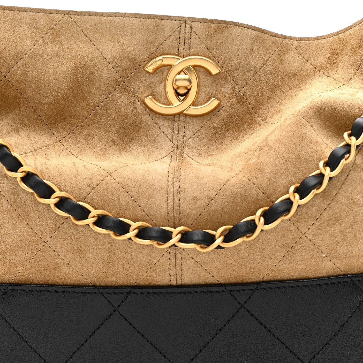 Suede Calfskin Shiny Lambskin Quilted Small Shopping Bag Beige Black