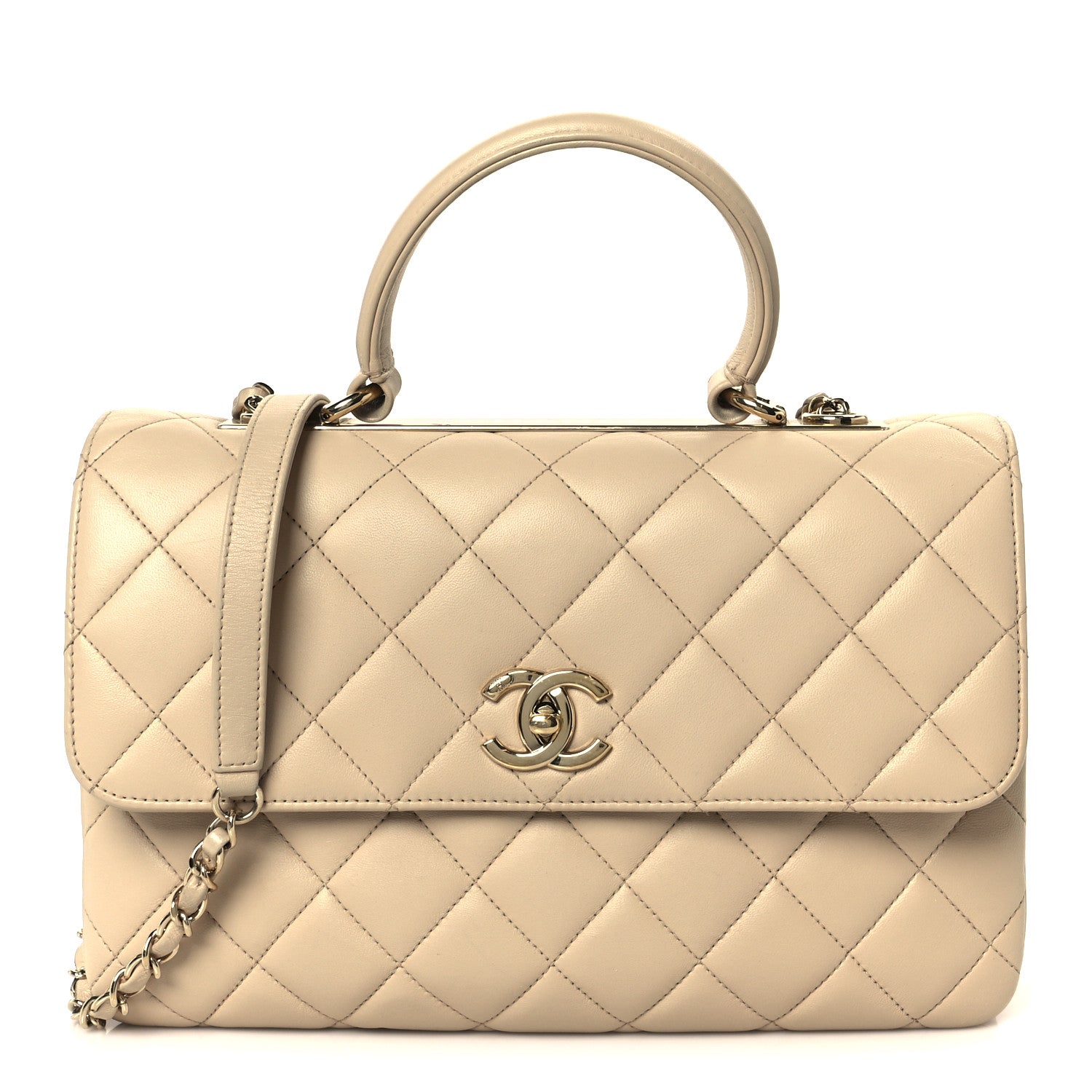 Lambskin Quilted Medium Trendy CC Flap Dual Handle Bag Beige