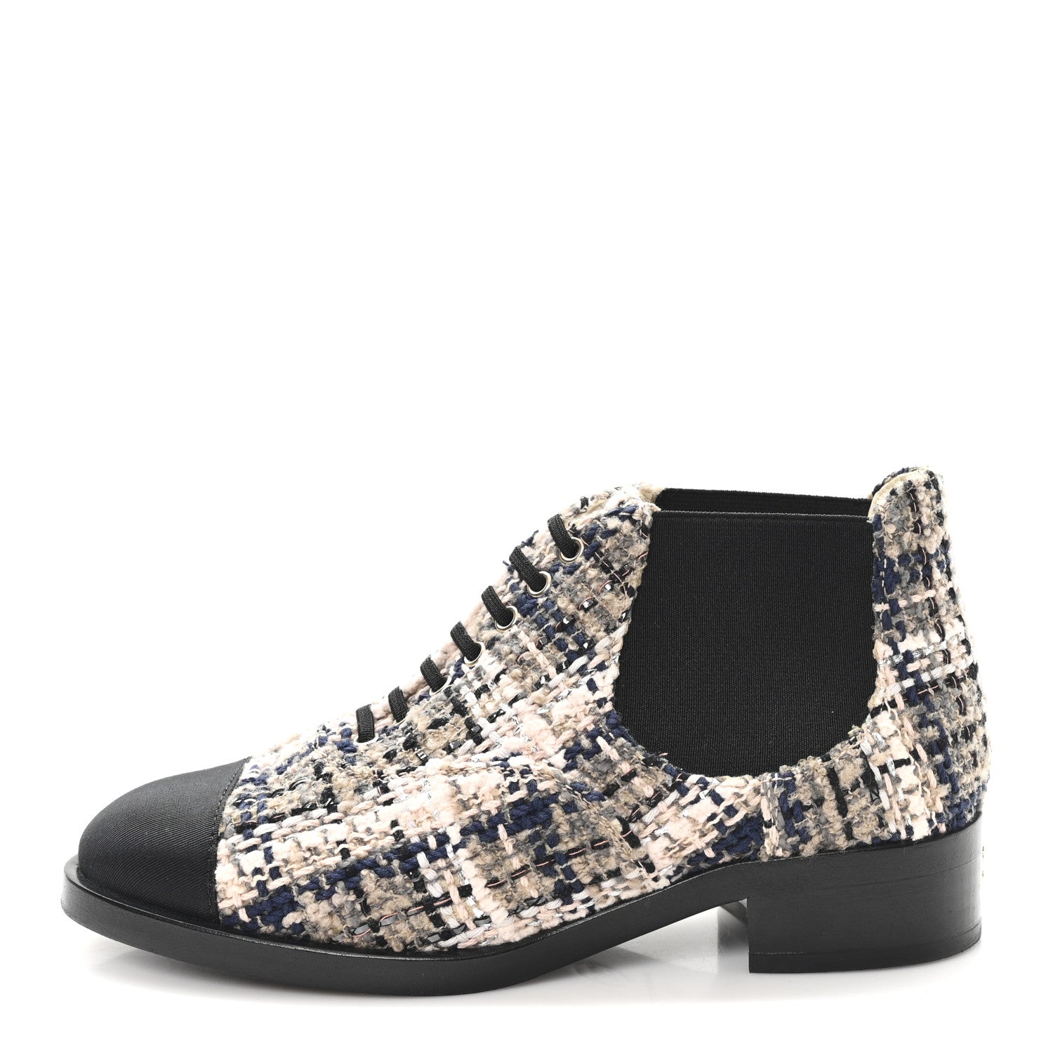 Tweed Calfskin Pearl Combat Short Boots 36 Beige Pink Black
