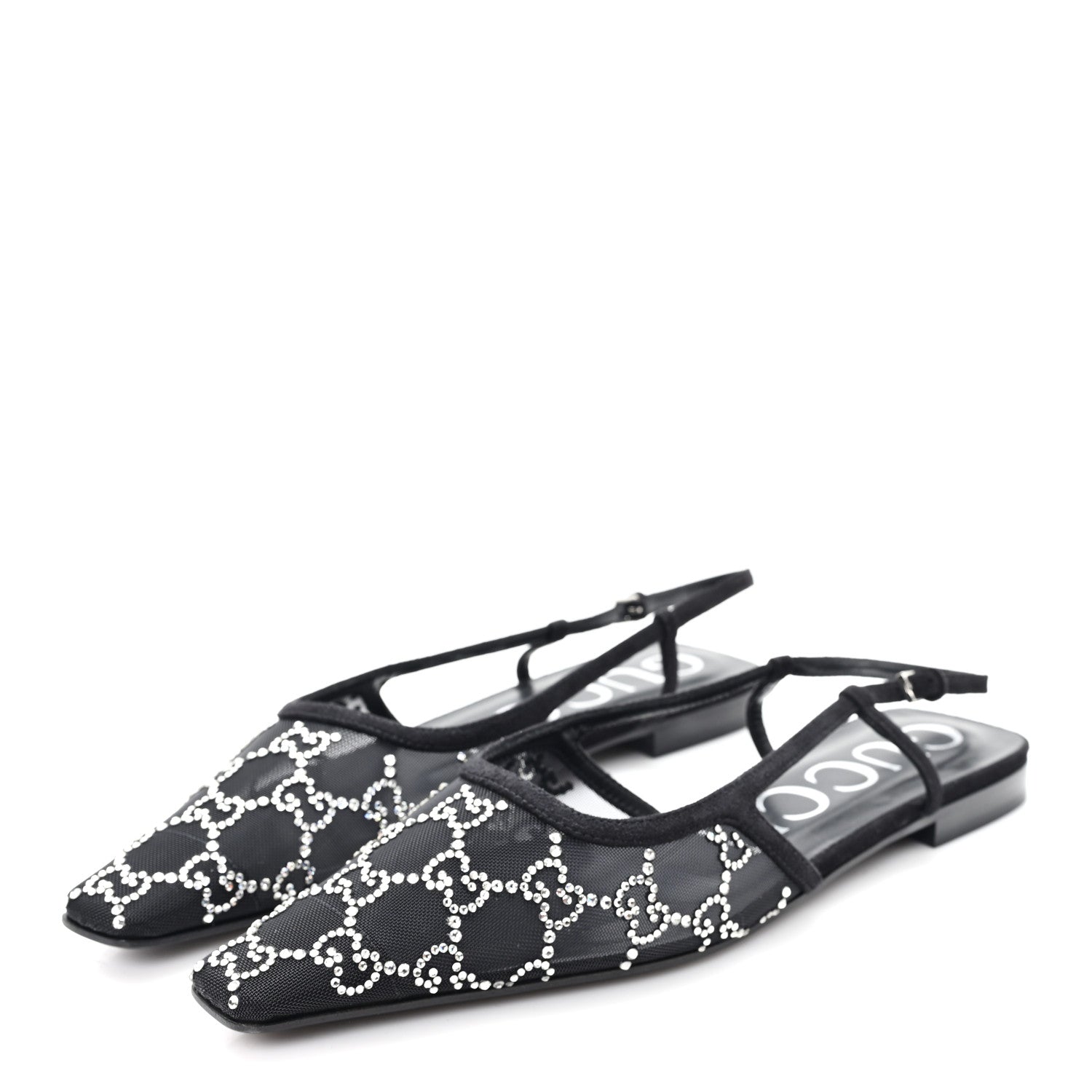 Suede Mesh Crystal GG Monogram Slingback Ballet Flats 39 Black