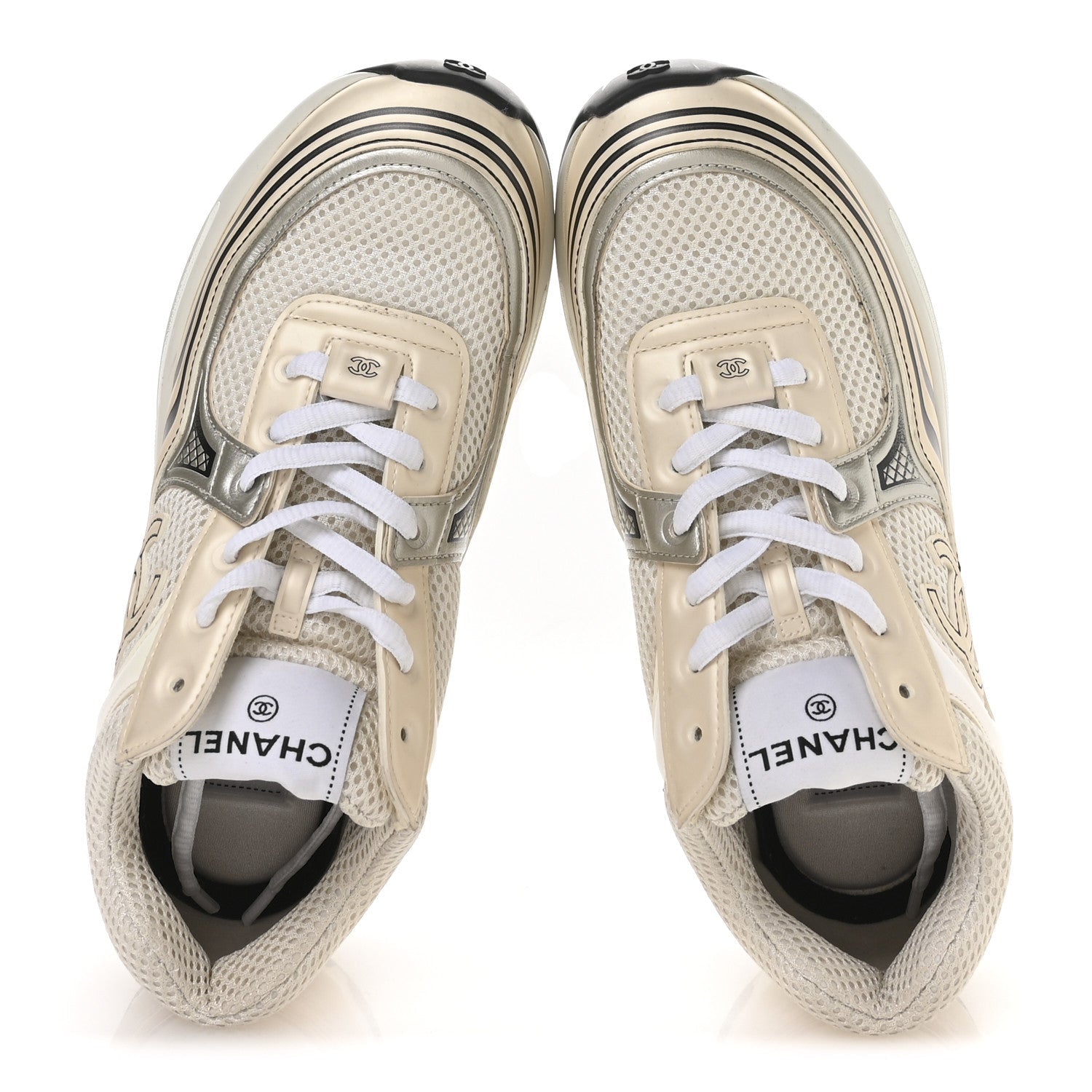 Fabric Laminated Calfskin Stretch CC Sneakers 37 Ivory White Silver