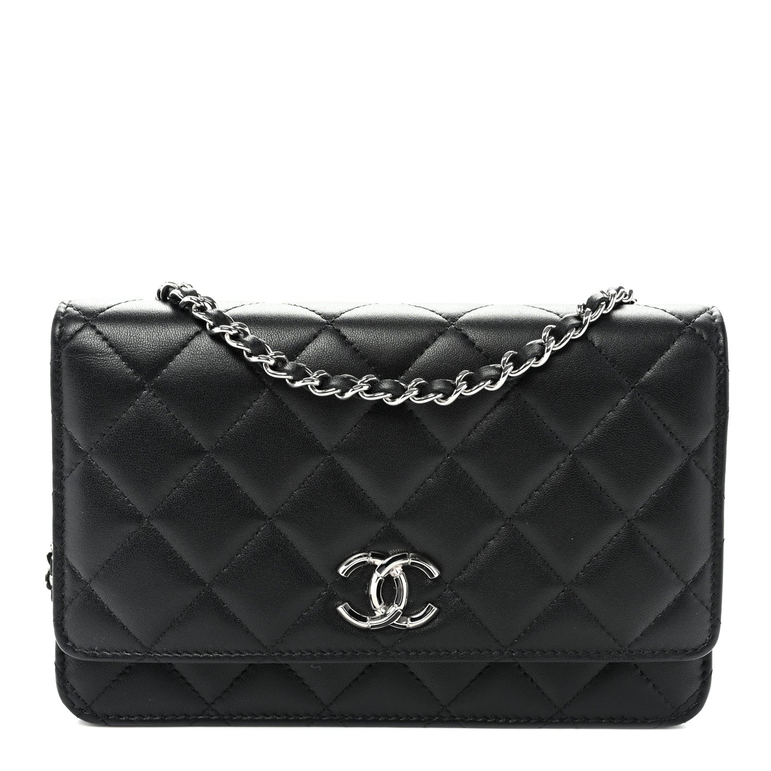 Lambskin Quilted Enamel CC Wallet on Chain WOC Black