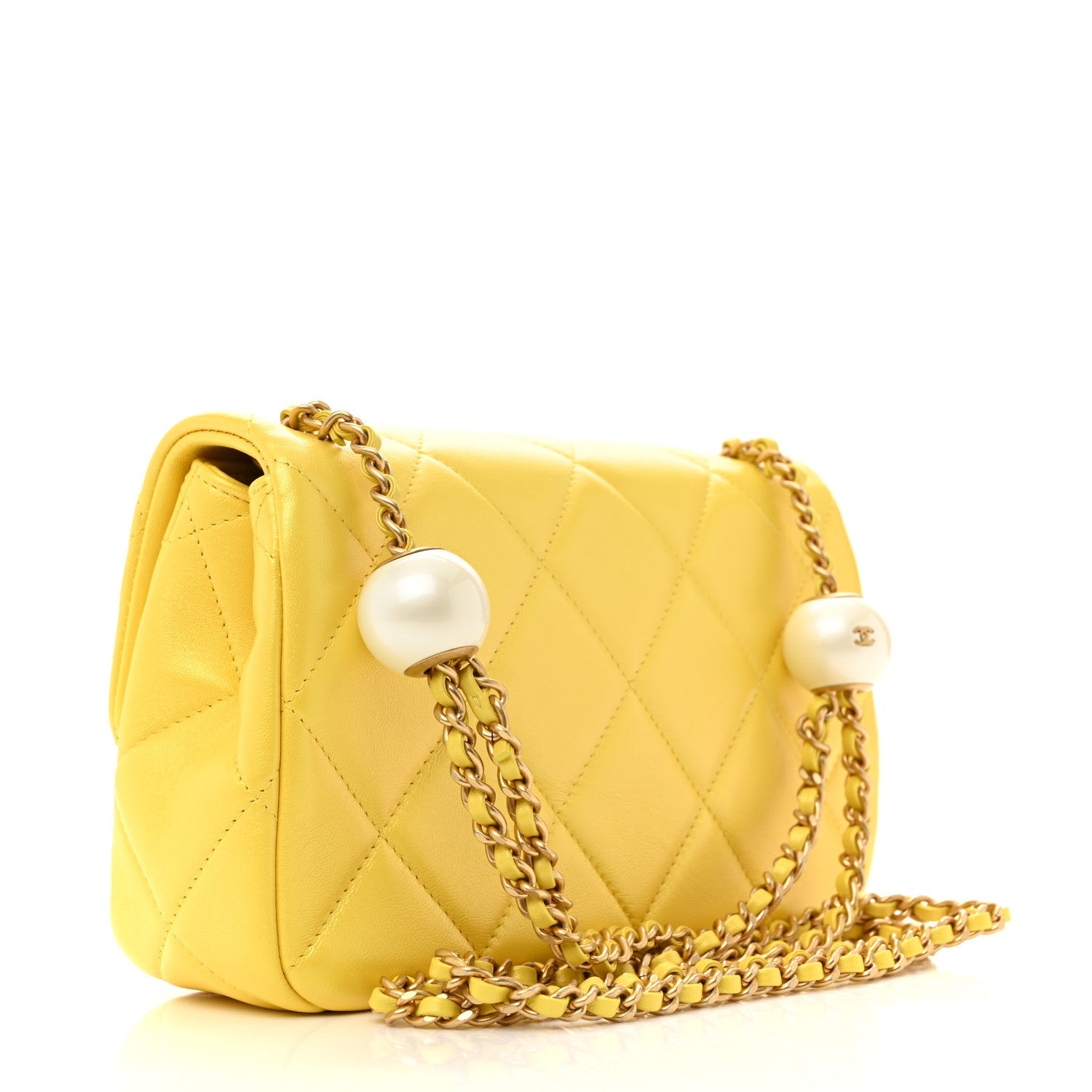 Pearly Lambskin Pearl Quilted Small Flap Yellow