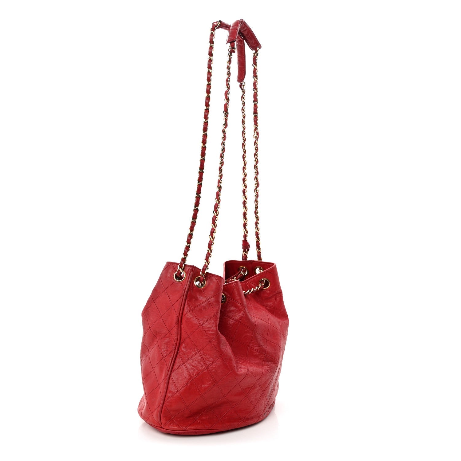 Lambskin Diamond Stitched CC Drawstring Shoulder Bag Red