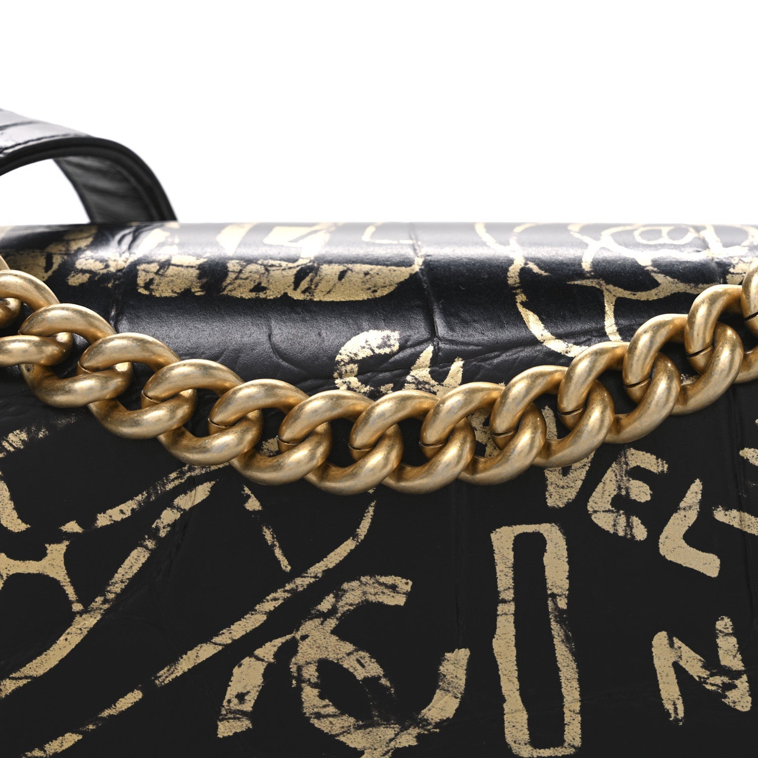 Calfskin Crocodile Embossed Graffiti Cocodile Medium Boy Flap Black