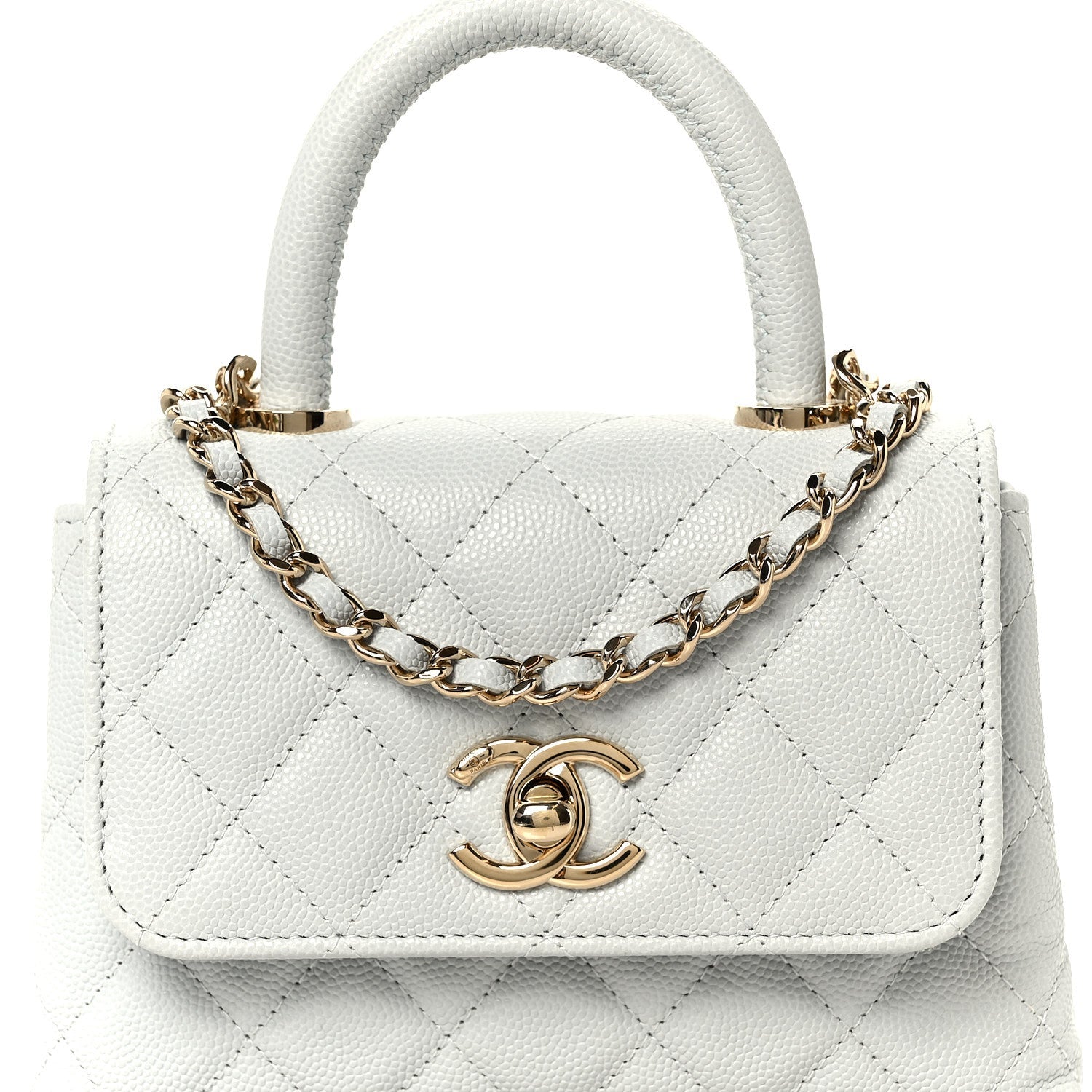 Caviar Lizard Embossed Quilted Coco Handle Clutch With Chain Light Blue