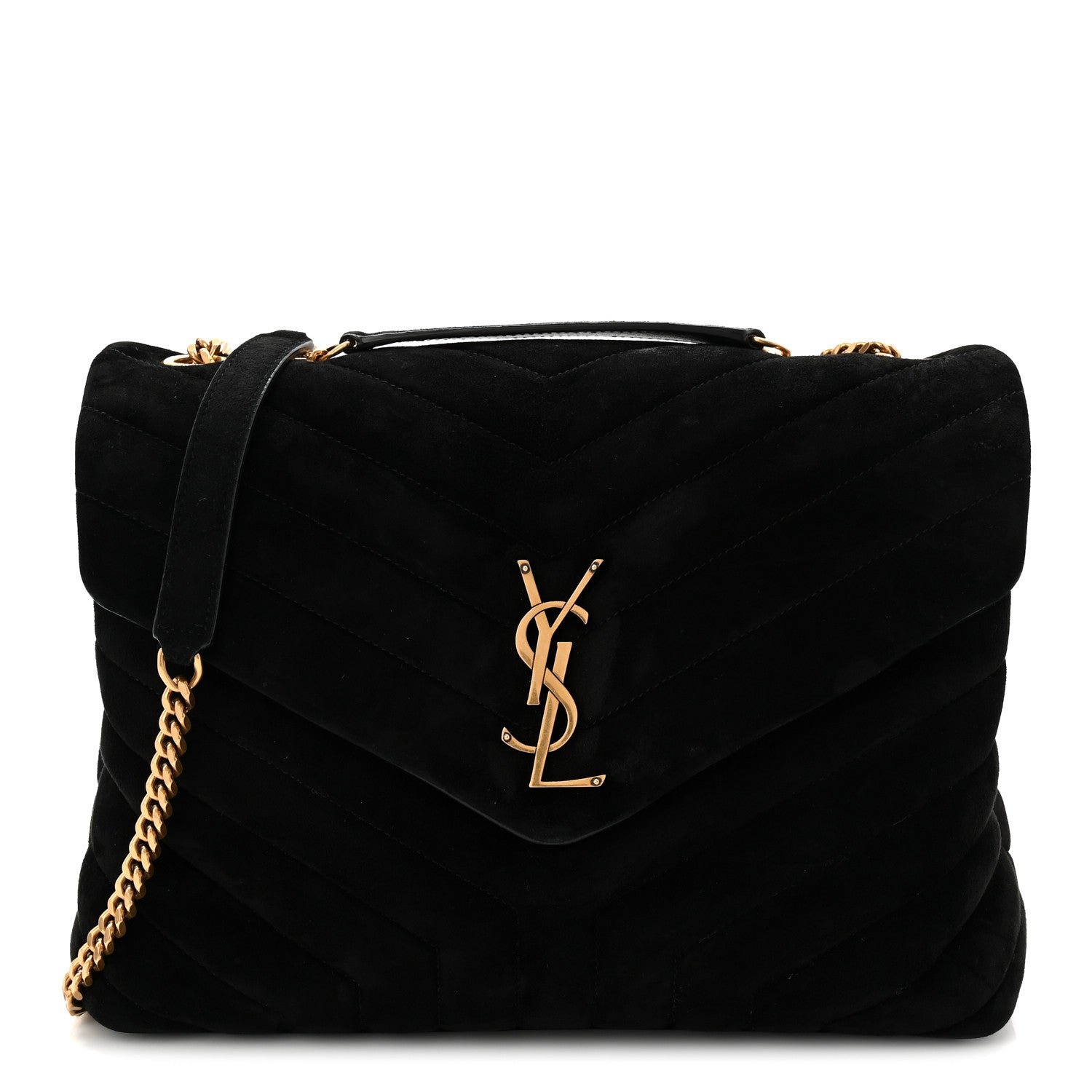 Suede Y Quilted Monogram Medium Loulou Chain Satchel Black