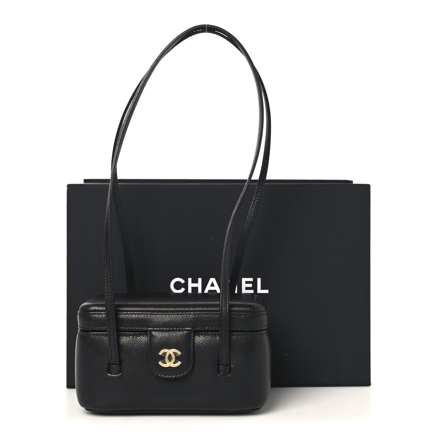 Shiny Caviar Preppy Coco Long Vanity With Strap Black