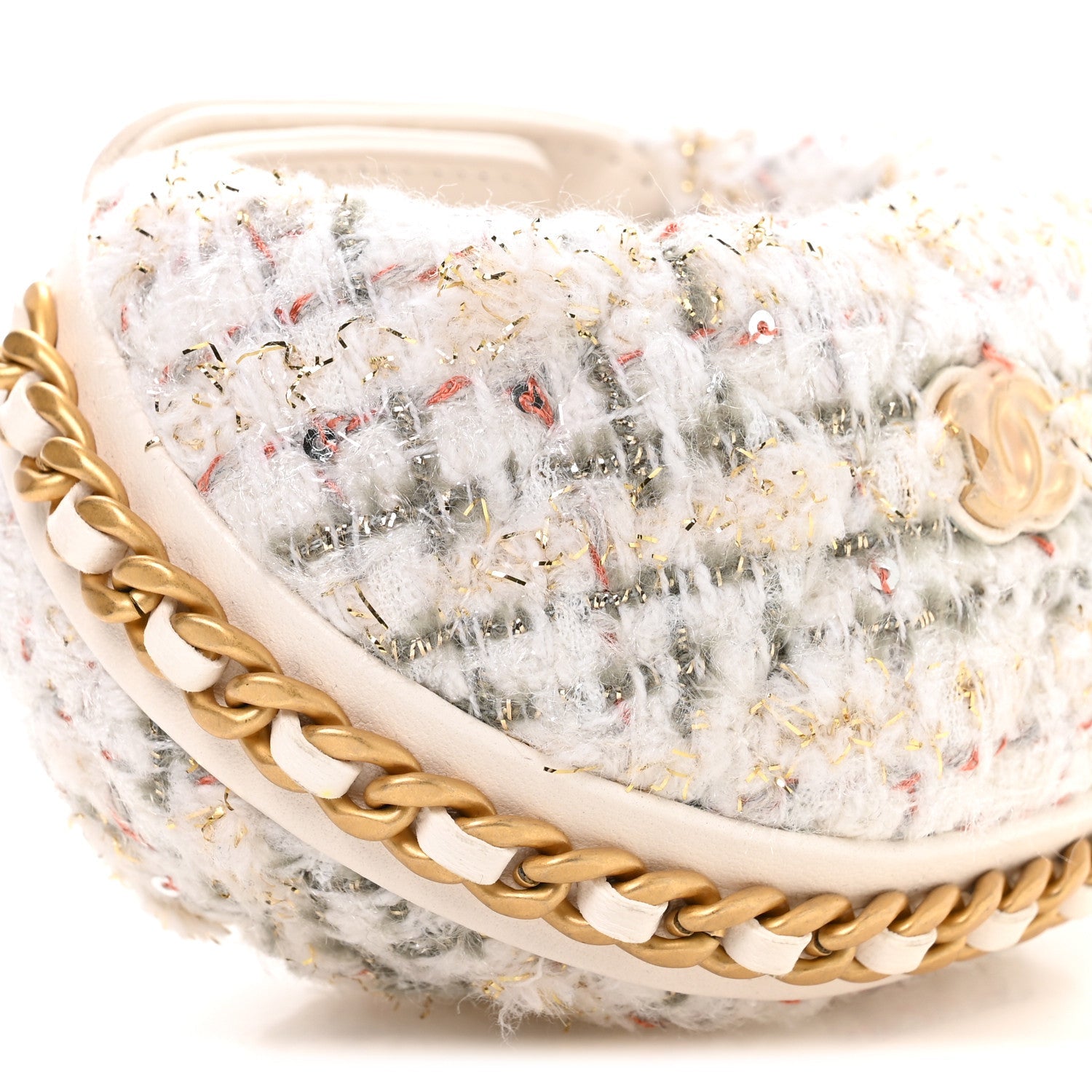 Wool Tweed Quilted Chain Around Mini Pouch Ecru Khaki Gold Red