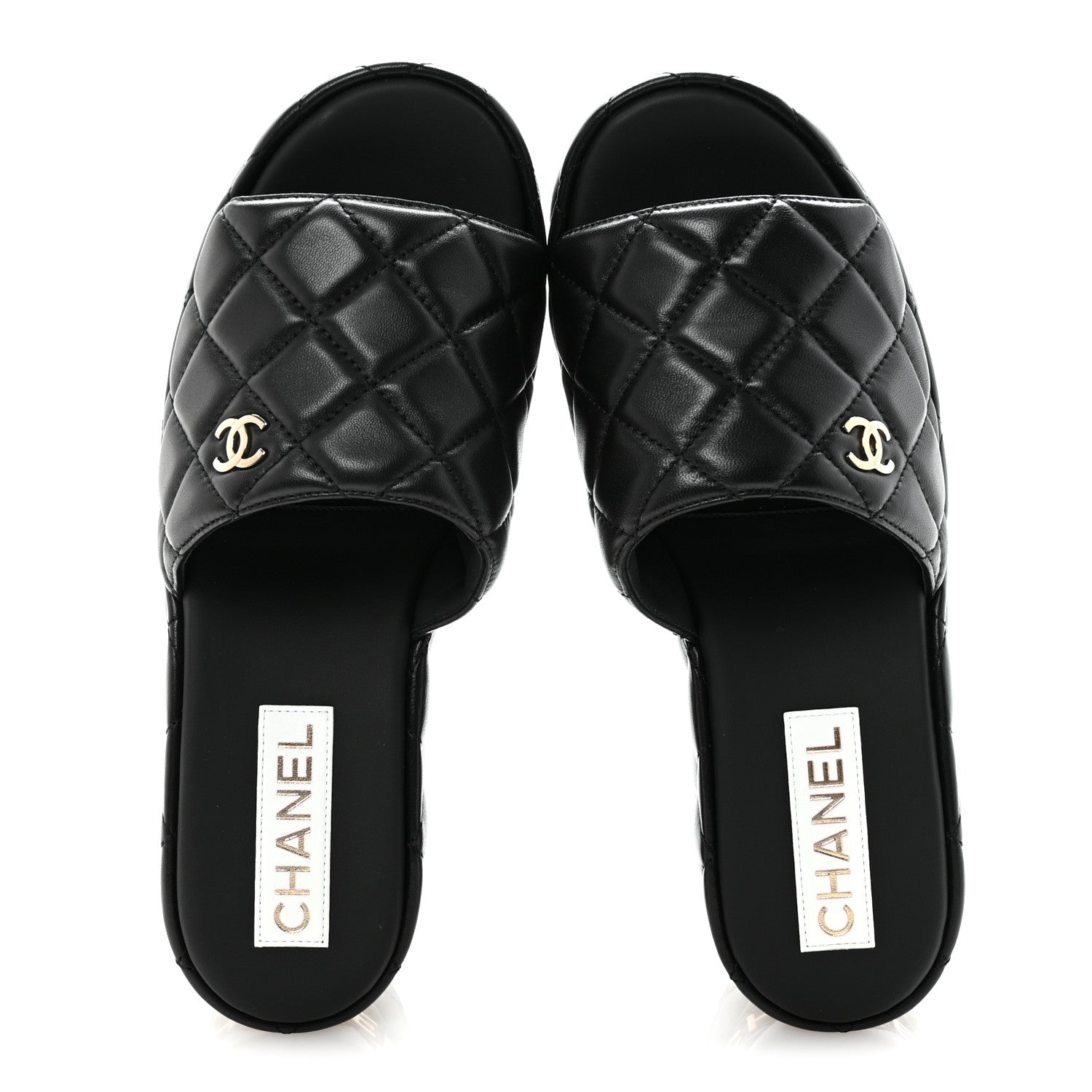 Lambskin Quilted CC Mules Wedge Sandals 39 Black
