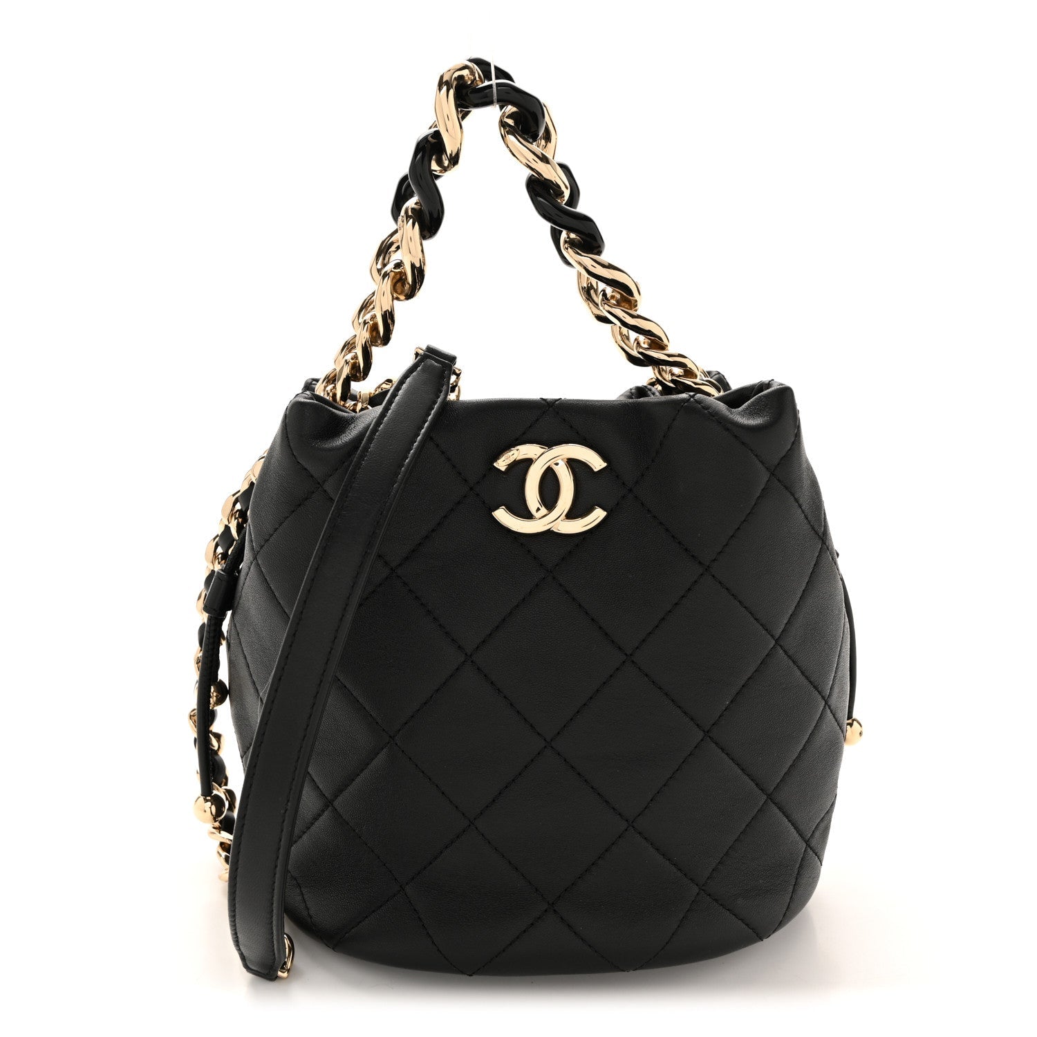 Lambskin Quilted Resin Bi-Color Chain Bucket Bag Black