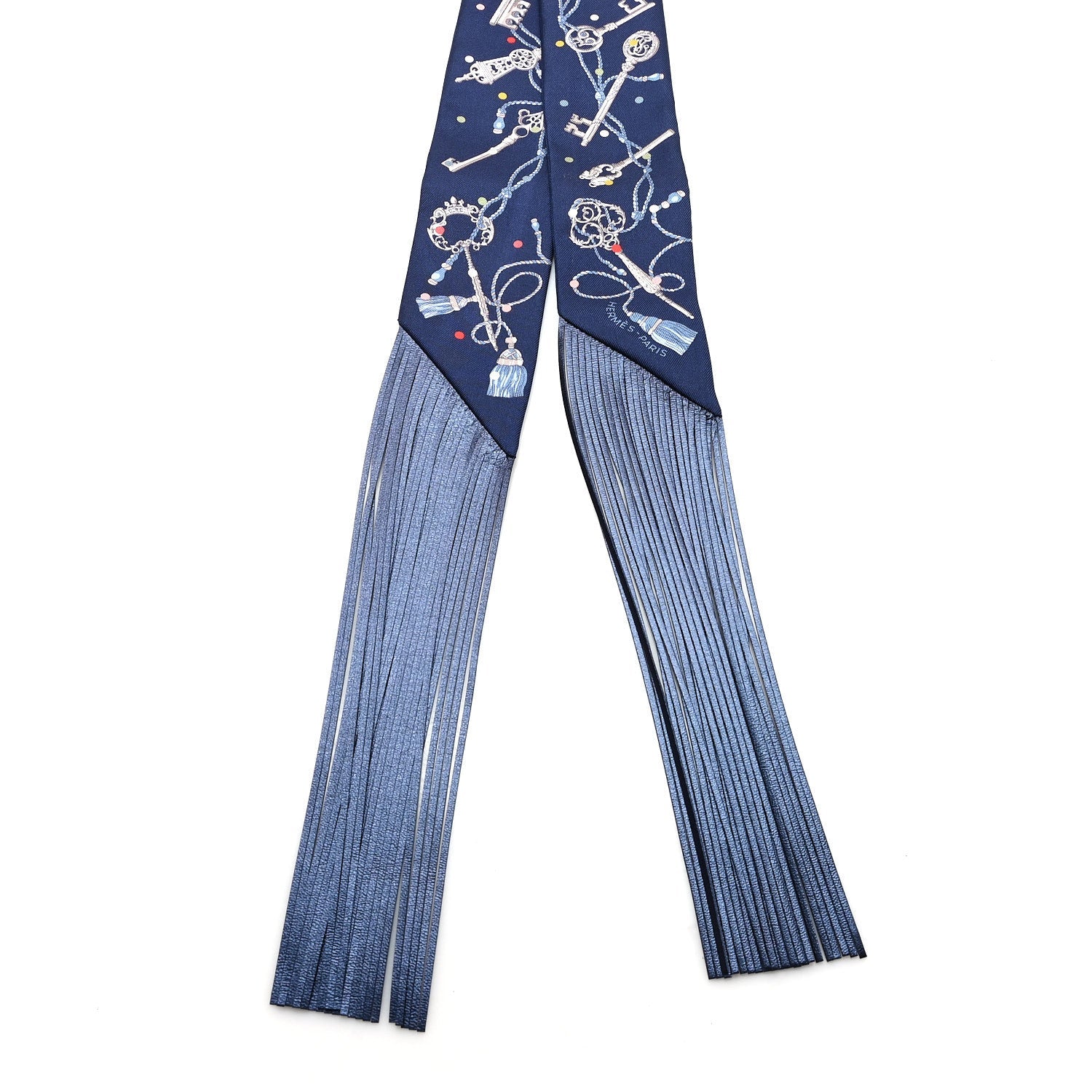 Silk Calfskin Les Cles A Pois Fringed Twilly Bleu Marine Gris Argent Multicolor