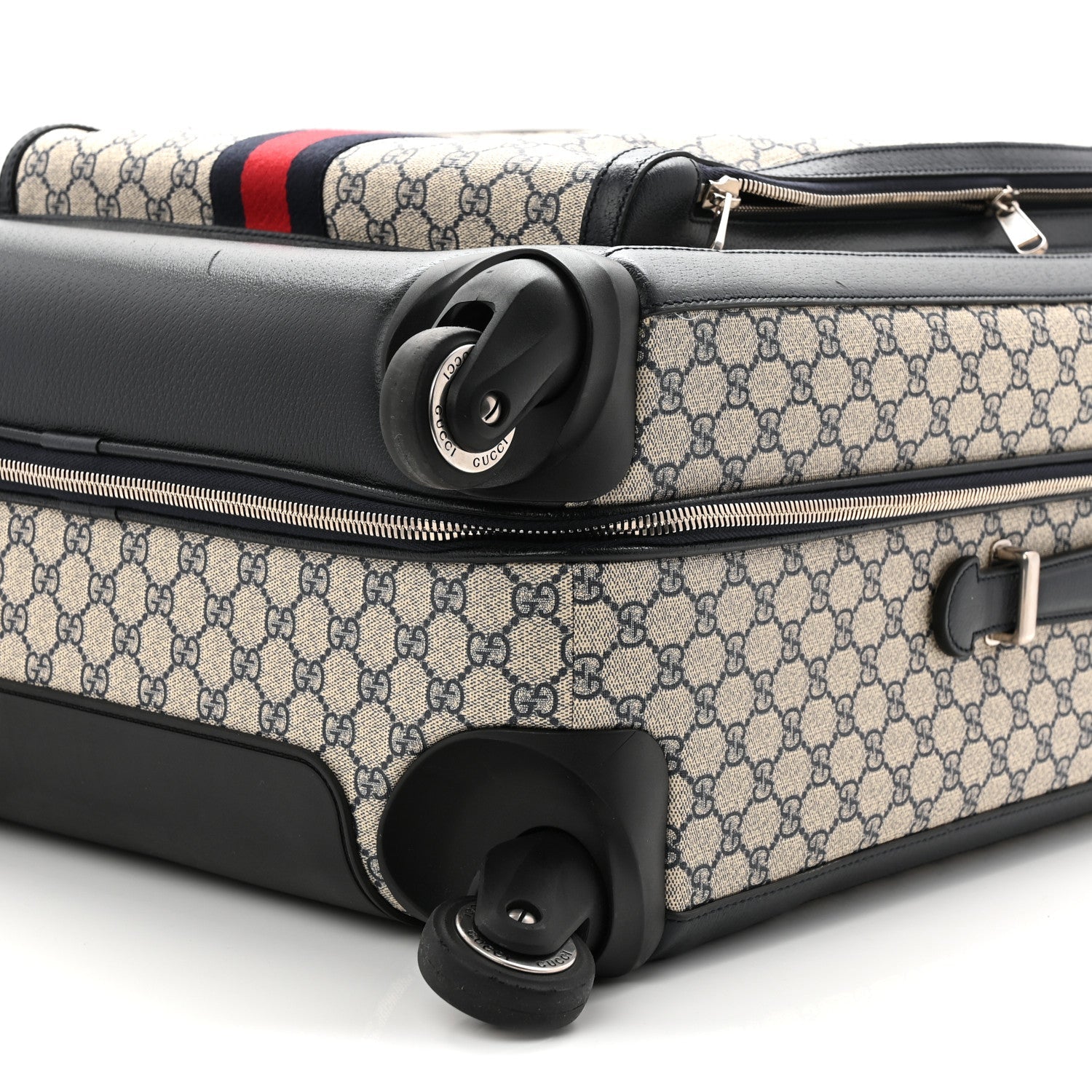 GG Supreme Monogram Textured Dollar Calfskin Web Large Savoy Trolley Suitcase Beige Blue