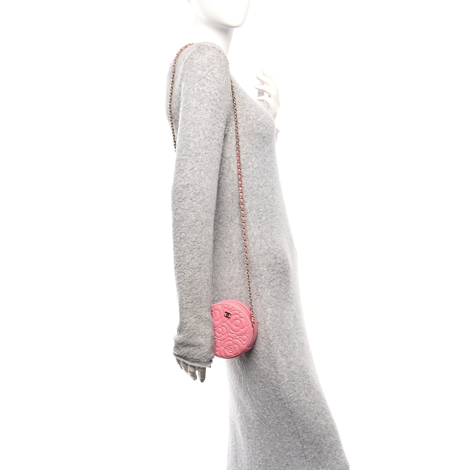 Caviar Camellia Embossed Round Clutch With Chain Pink