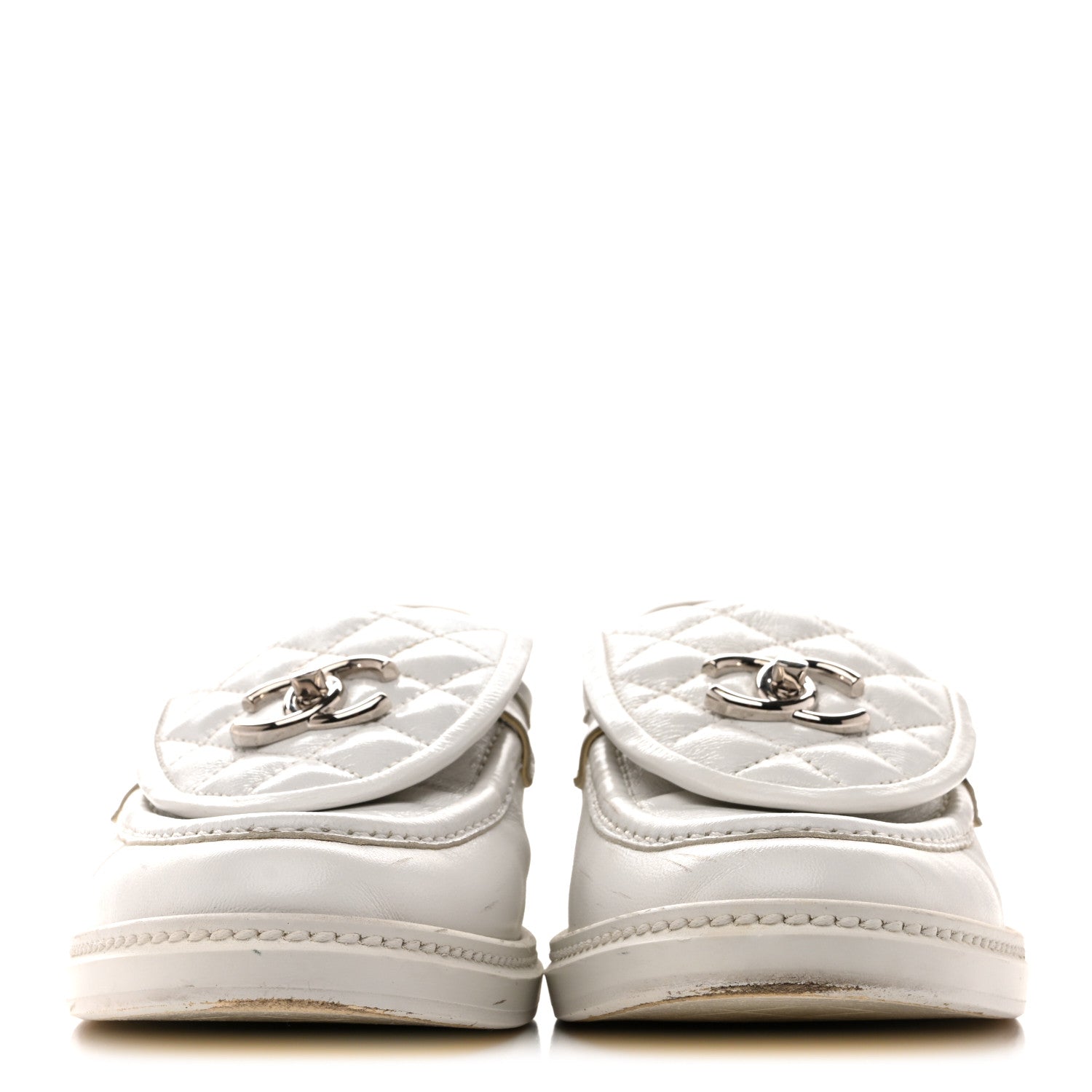 Shiny Lambskin Quilted CC Turnlock Loafers 40 White