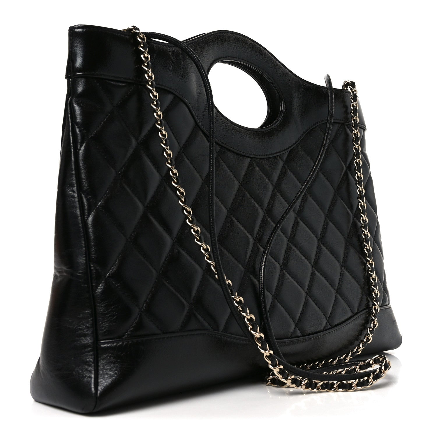 Shiny Lambskin Quilted 31 Shopping Bag Black