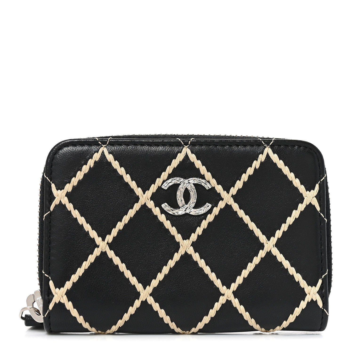 Lambskin Double Stitch Zip Coin Purse Black