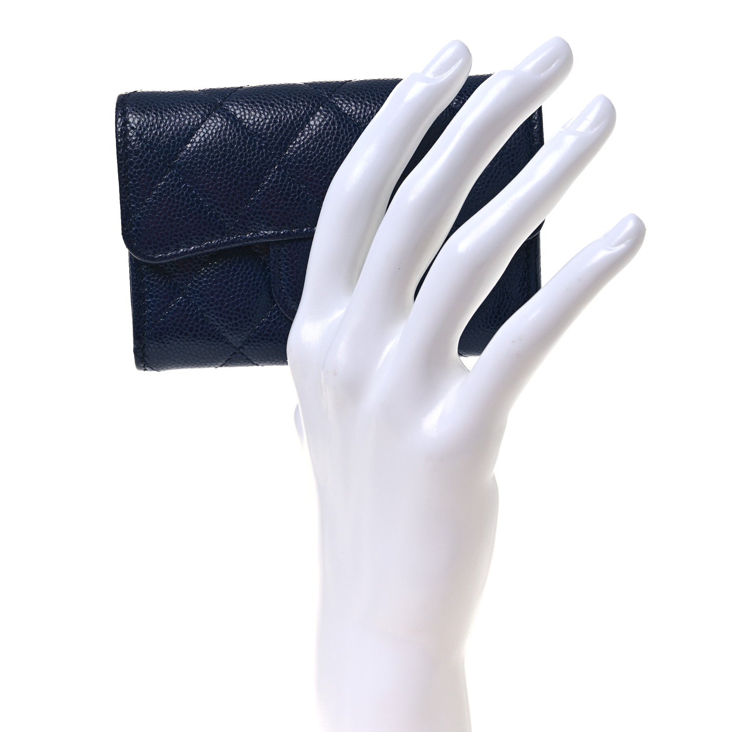 Caviar Quilted Flap Card Holder Wallet Navy Blue