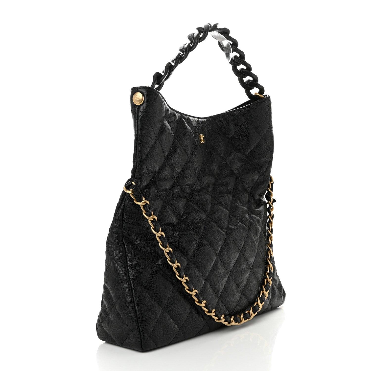 Caviar Quilted Fold Over Hobo Black