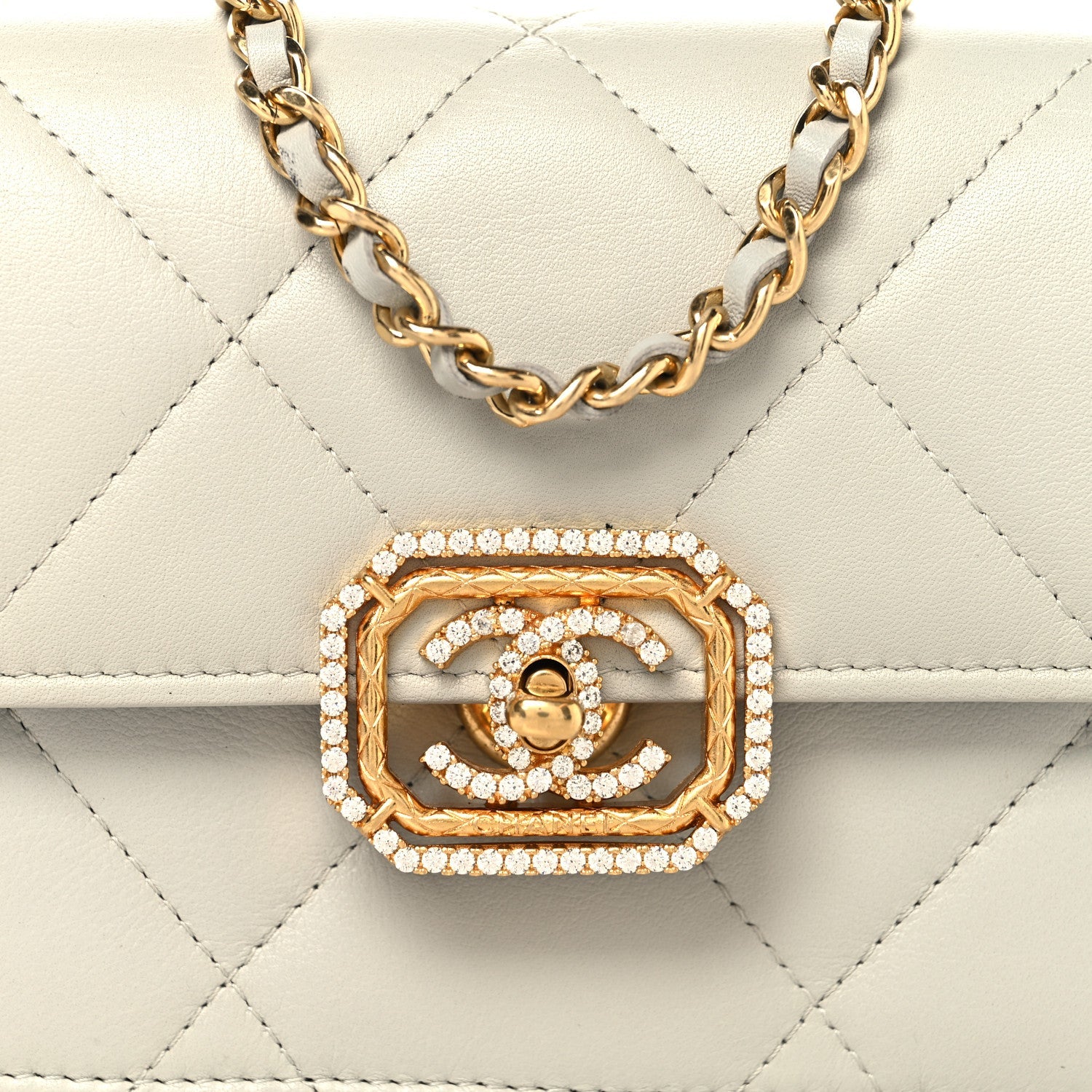 Calfskin Strass Quilted Clutch With Chain Flap Light Grey