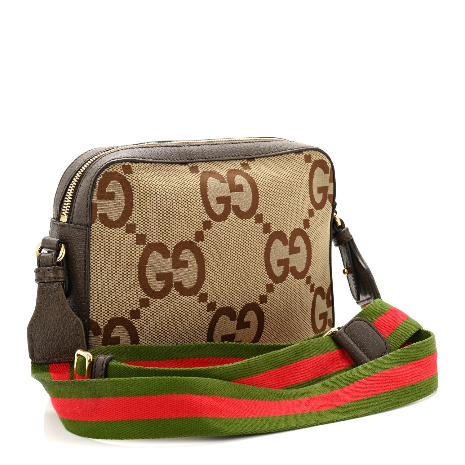 Monogram Jumbo GG Textured Dollar Calfskin Web Messenger Shoulder Bag Camel Ebony New Acero