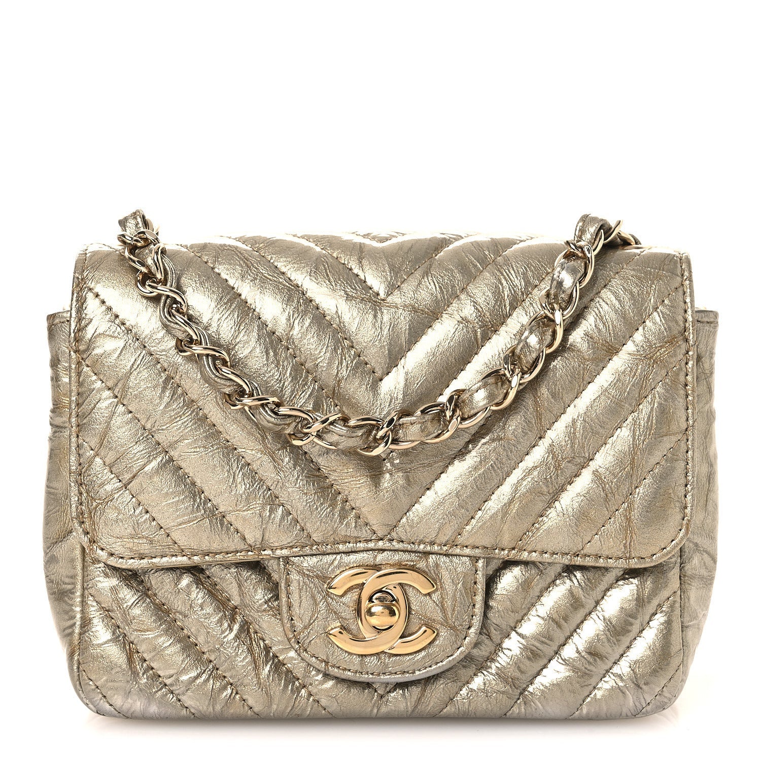 Metallic Crumpled Calfskin Chevron Quilted Mini Square Flap Gold