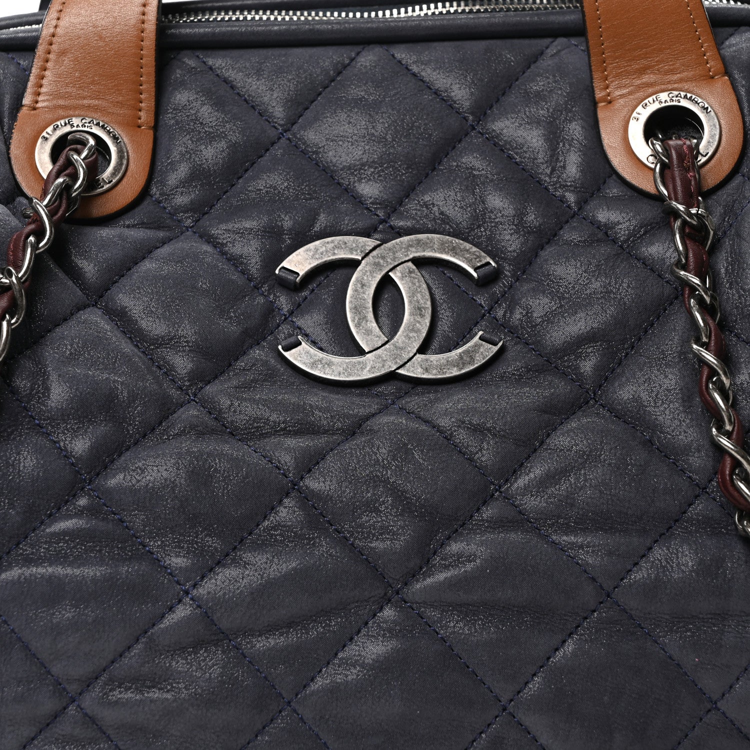 Iridescent Calfskin Quilted Large In The Mix Tote Navy