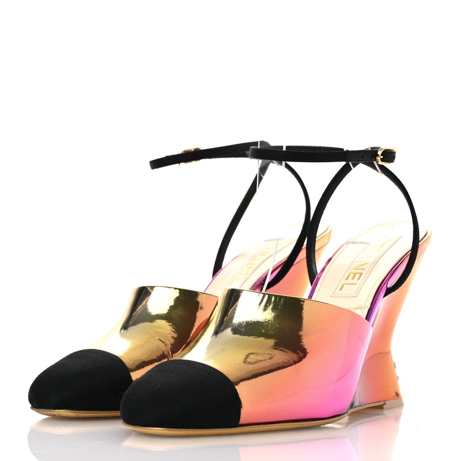 Laminated Calfskin Grosgrain Cap Toe CC Wedge Pumps 39 Pink Orange Yellow Black