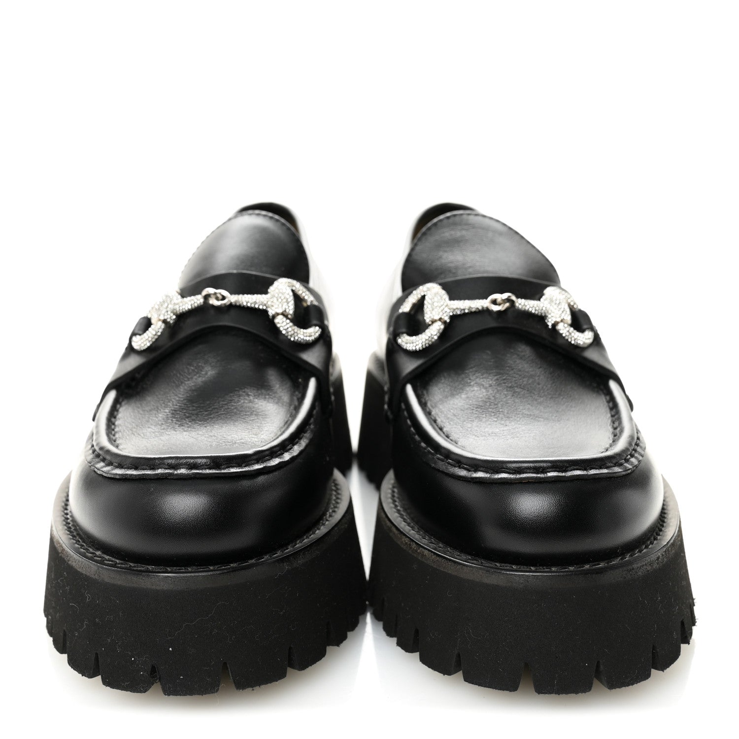Calfskin Crystal Womens Horsebit Platform Lug Sole Loafers 37.5 Black