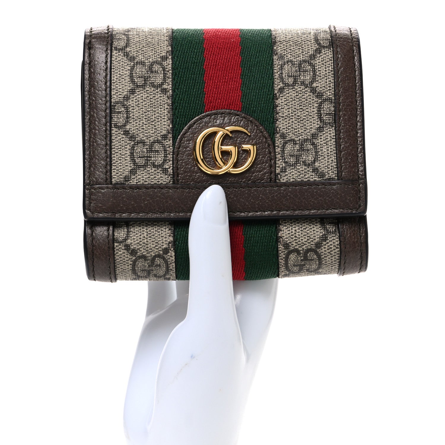 GG Supreme Monogram Textured Calfskin Web Ophidia Card Case Wallet Beige Ebony New Acero