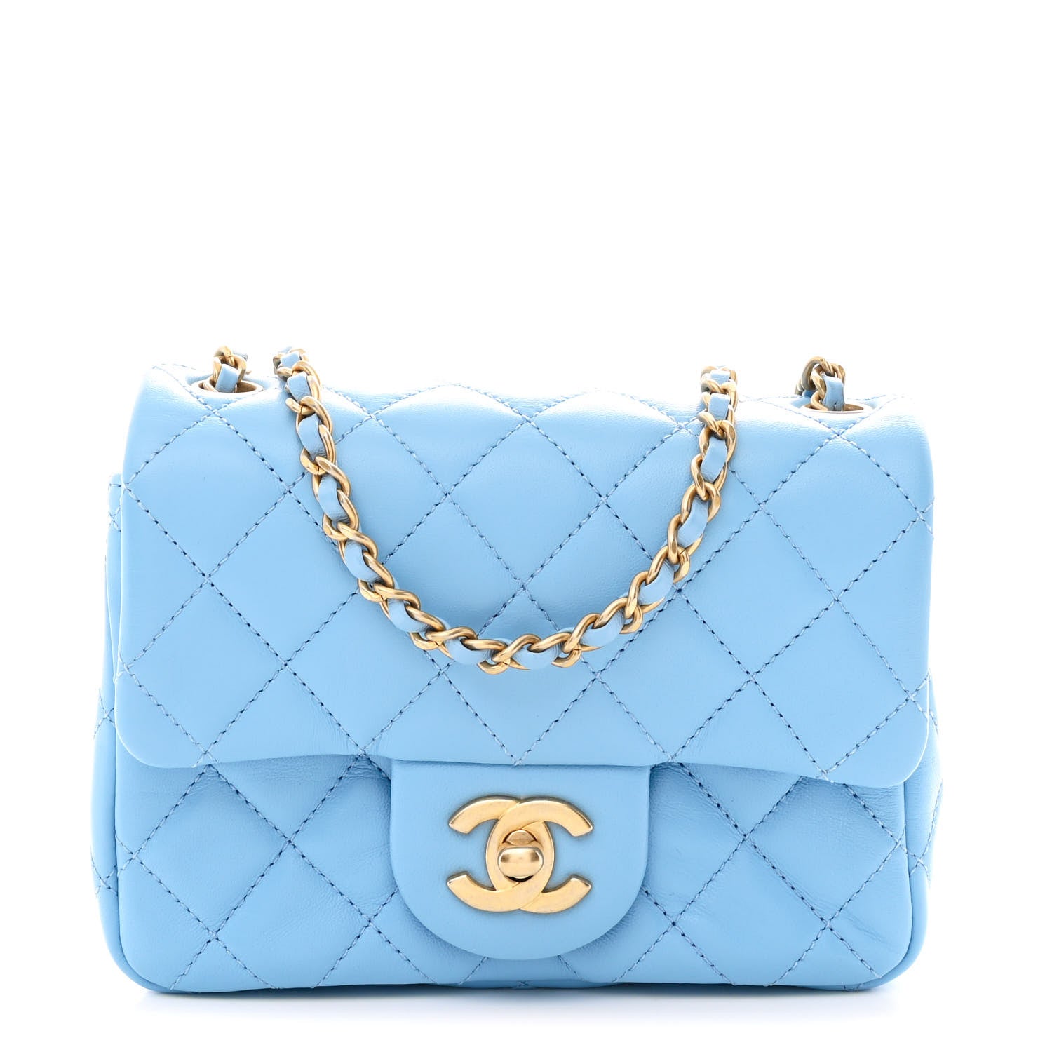 Lambskin Quilted Mini Pearl Crush Flap Light Blue
