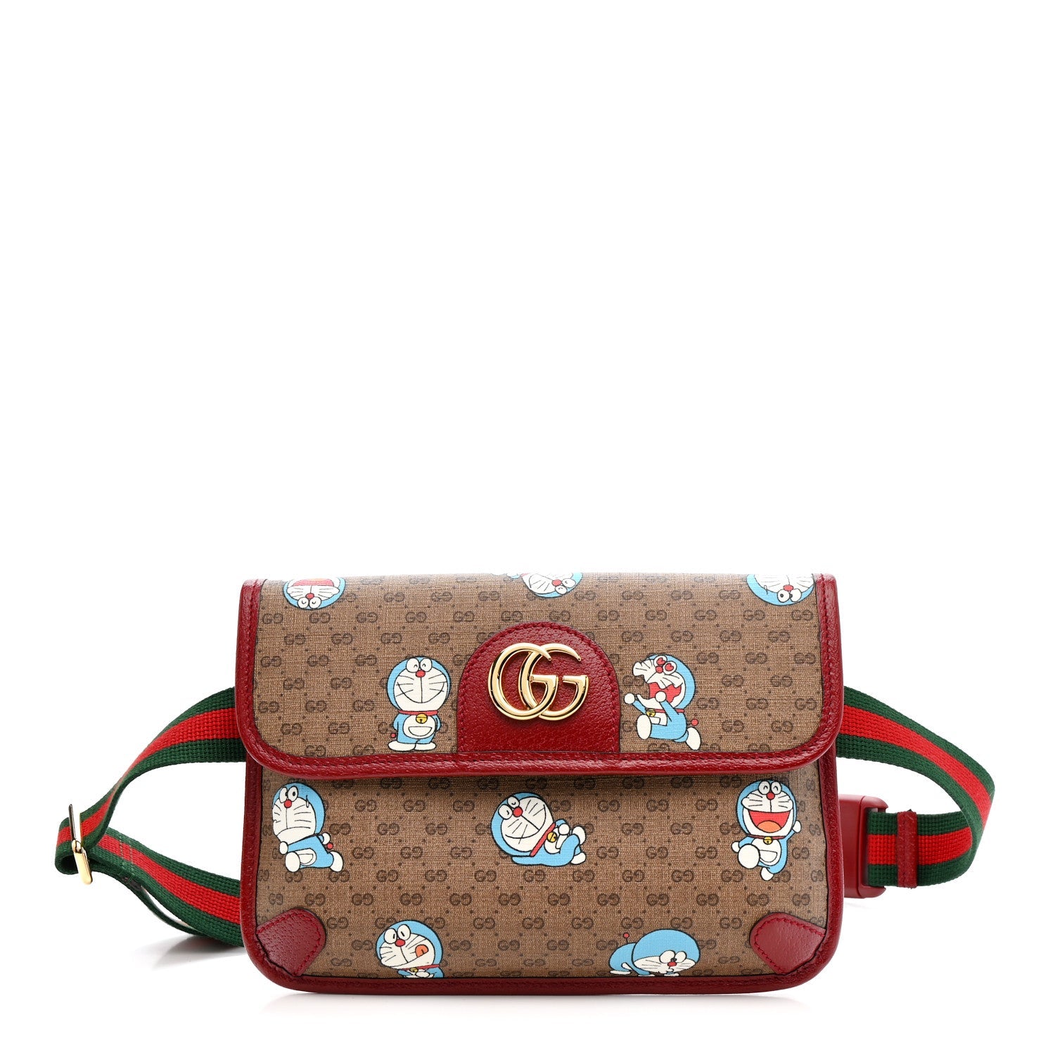X DORAEMON Mini Vintage GG Supreme Monogram Web Slim Belt Bag Beige Cherry Red