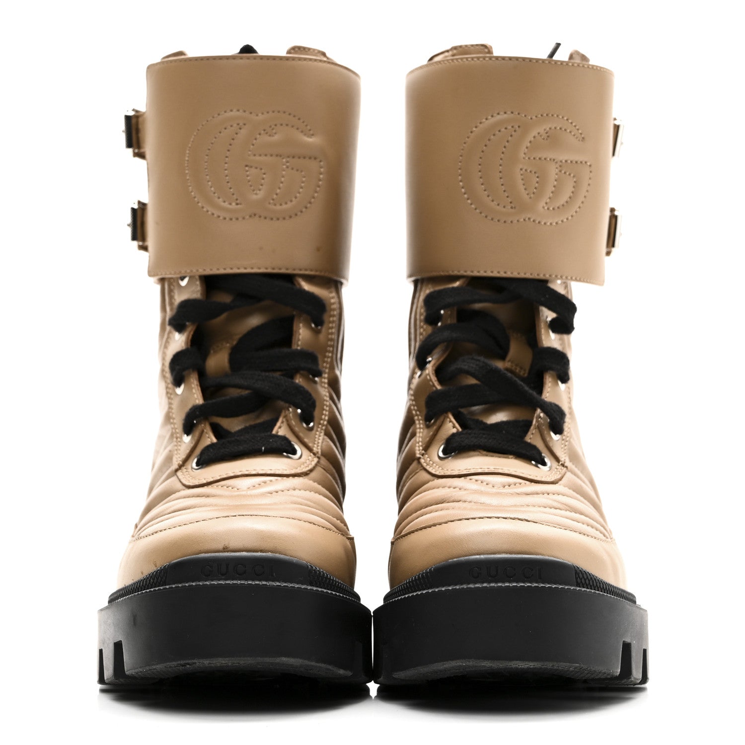 Nappa Frances GG Matelasse Platform Combat Boots 35 Natural Tan