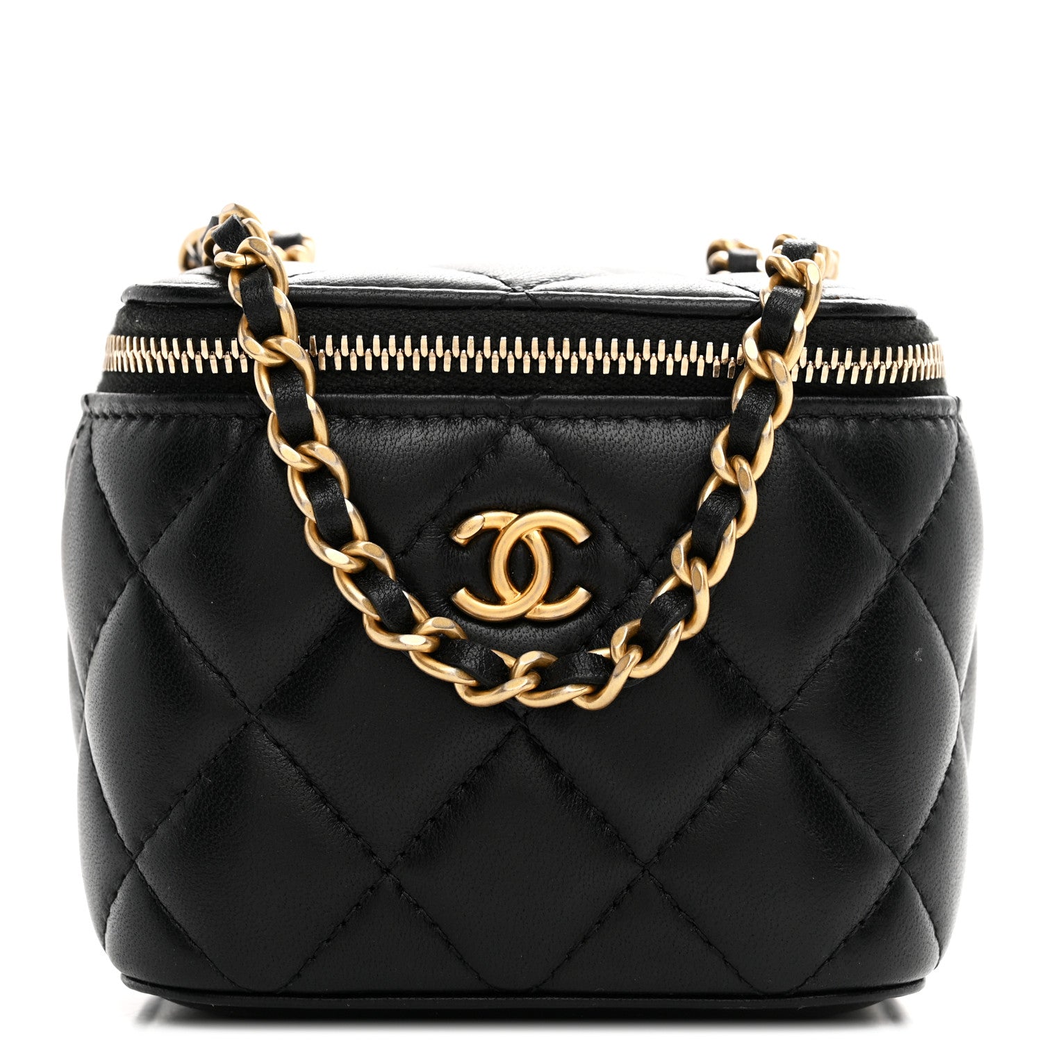 Lambskin Quilted Mini Pearl Crush Vanity Case With Chain Black
