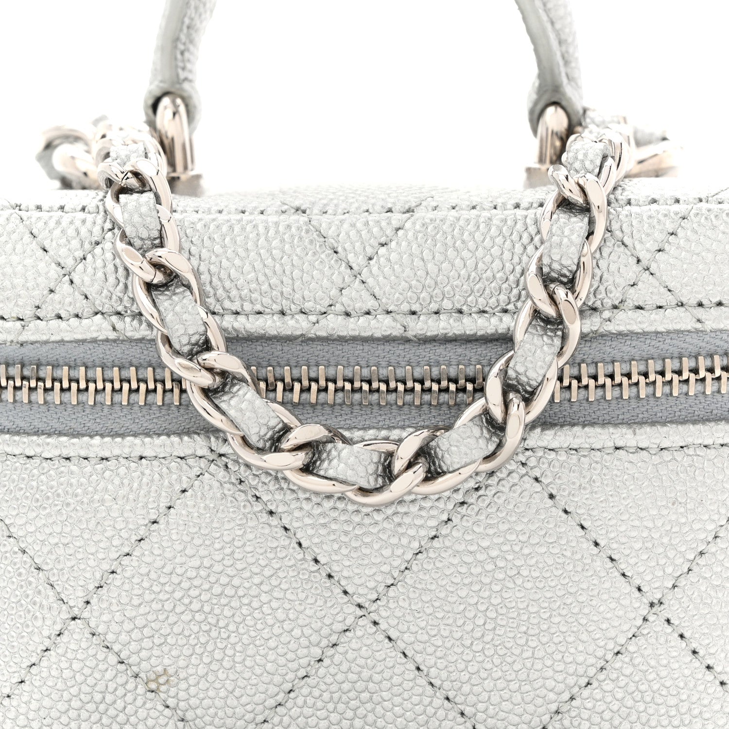 Metallic Caviar Quilted Mini Top Handle Vanity With Chain Silver