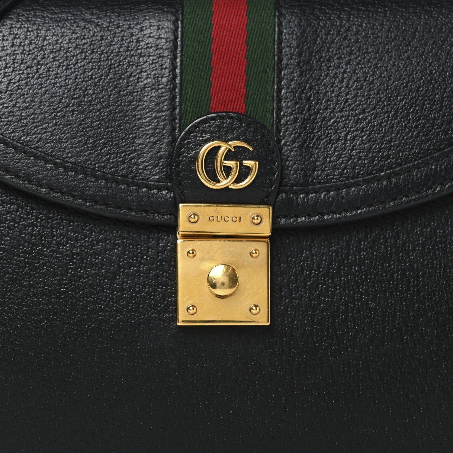 Textured Dollar Calfskin Web Small Ophidia Padlock Top Handle Bag Black