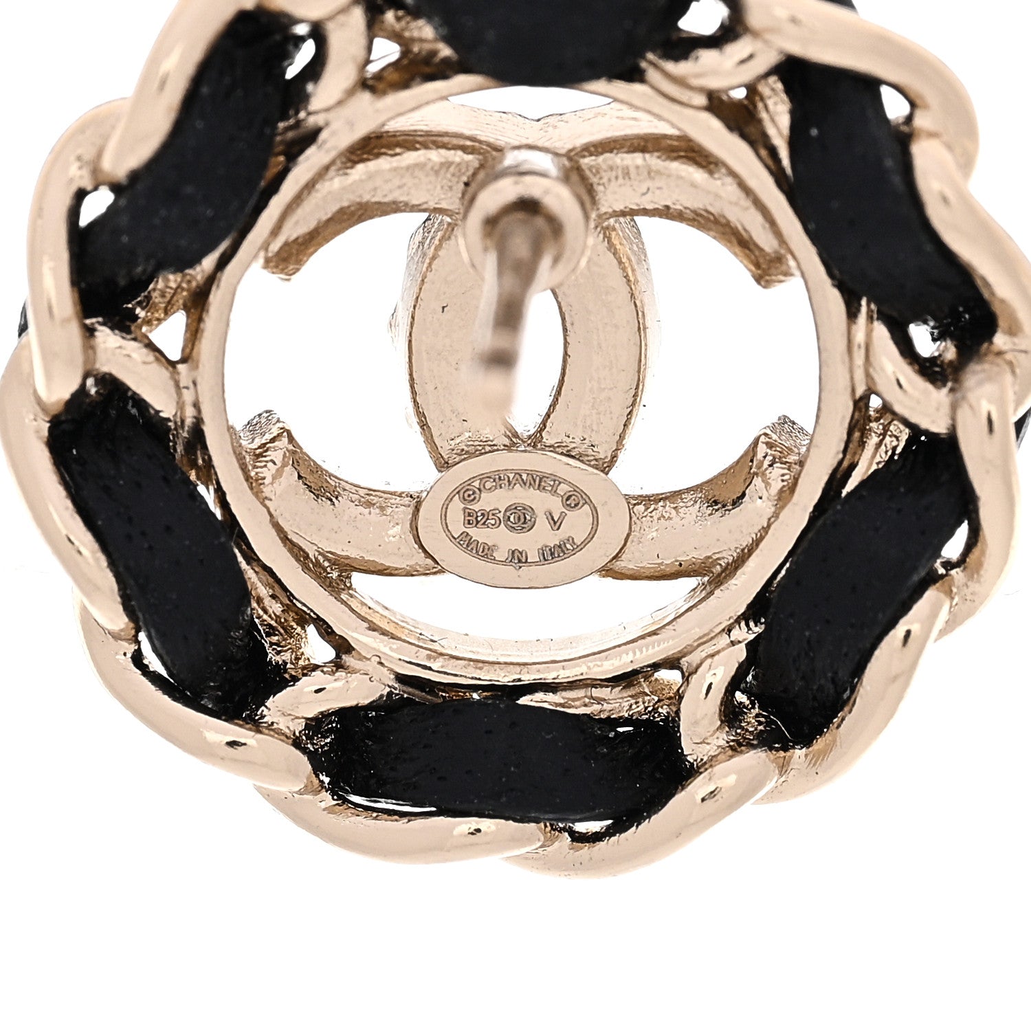 Crystal Lambskin Chain CC Stud Earrings Black Gold