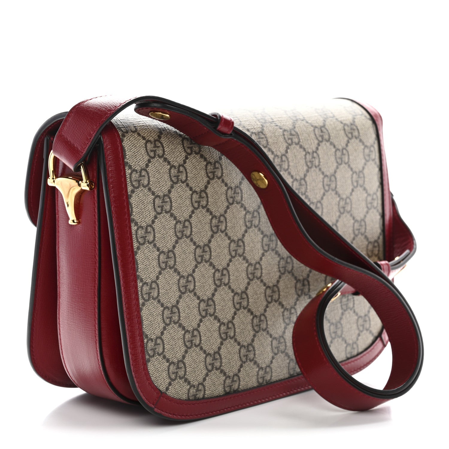 GG Supreme Monogram Azalea Calfskin Horsebit 1955 Shoulder Bag Beige Ebony New Cherry Red