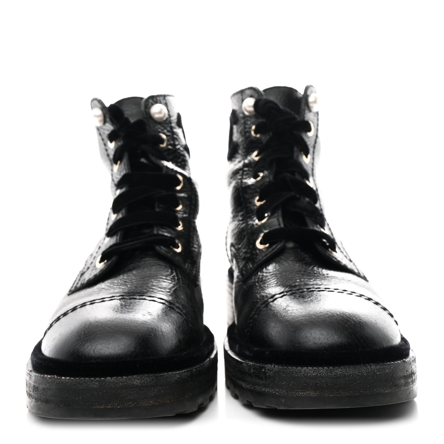 Shiny Calfskin Velvet Pearl Combat Short Boots 39 Black