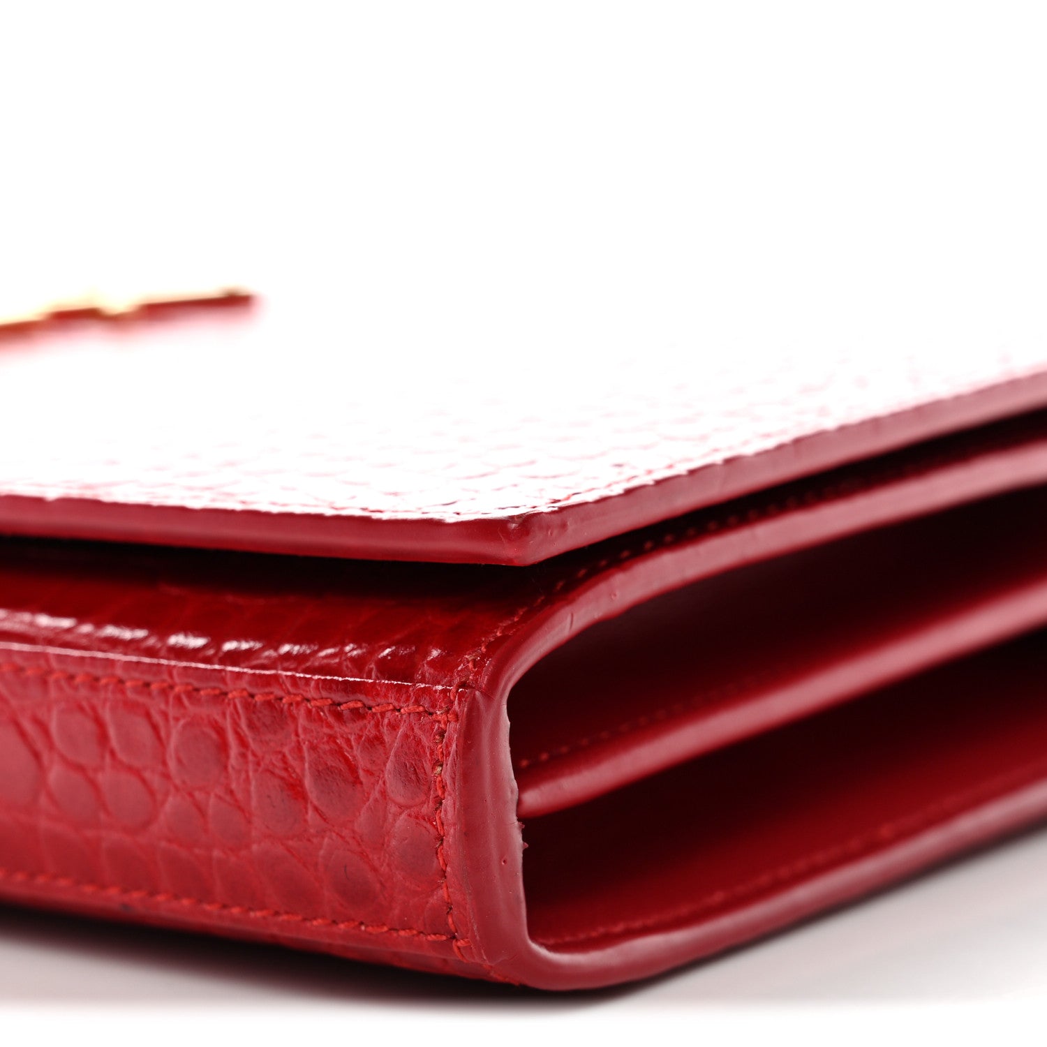Calfskin Crocodile Embossed Monogram Chain Wallet New Lipstick Red