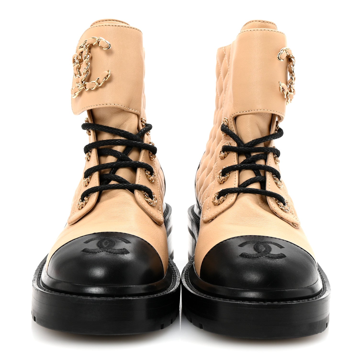 Lambskin Calfskin Quilted Lace Up Combat Boots 35.5 Beige Black