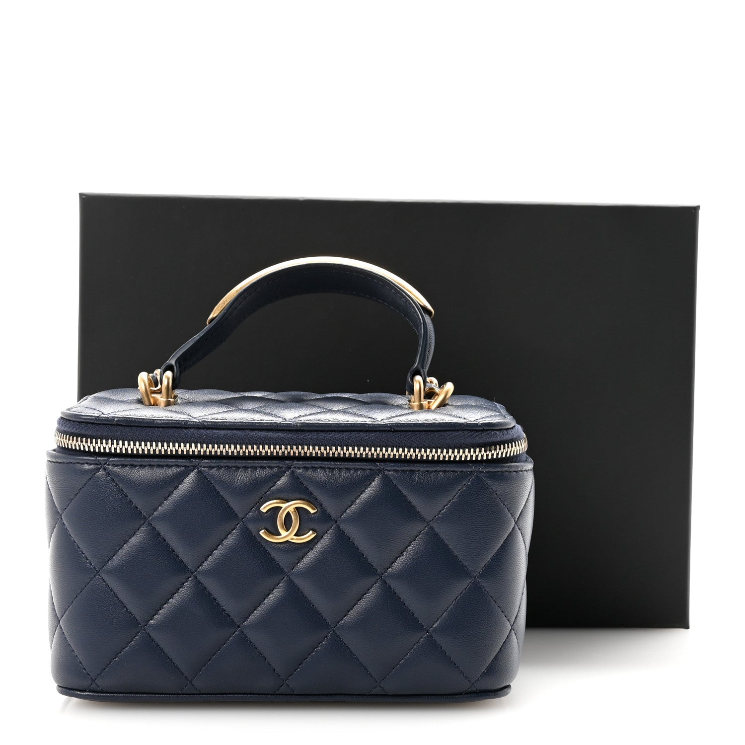 Lambskin Quilted Metal Small Top Handle Vanity Case With Chain Blue