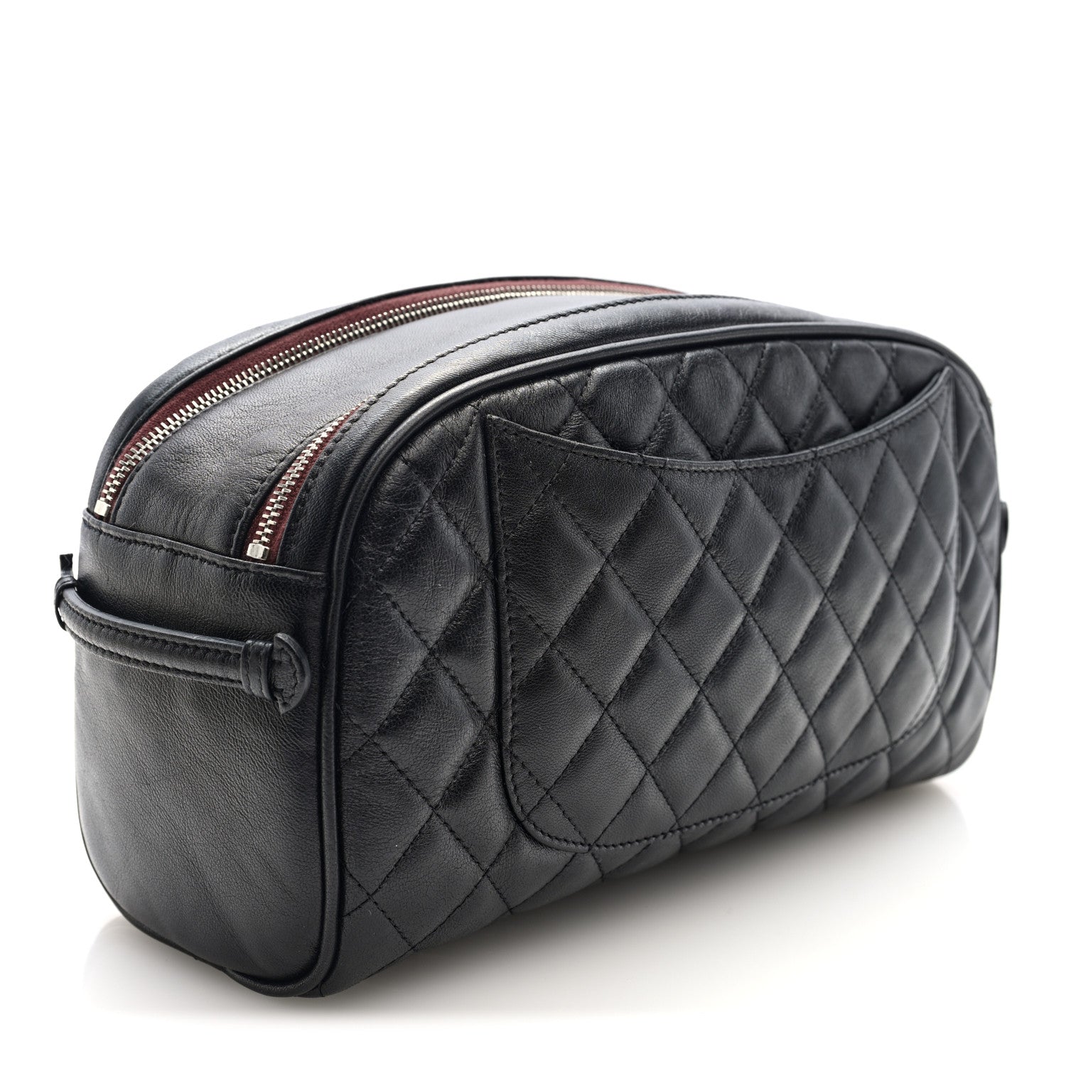 Lambskin Quilted Large Curvy Pouch Cosmetic Case Black