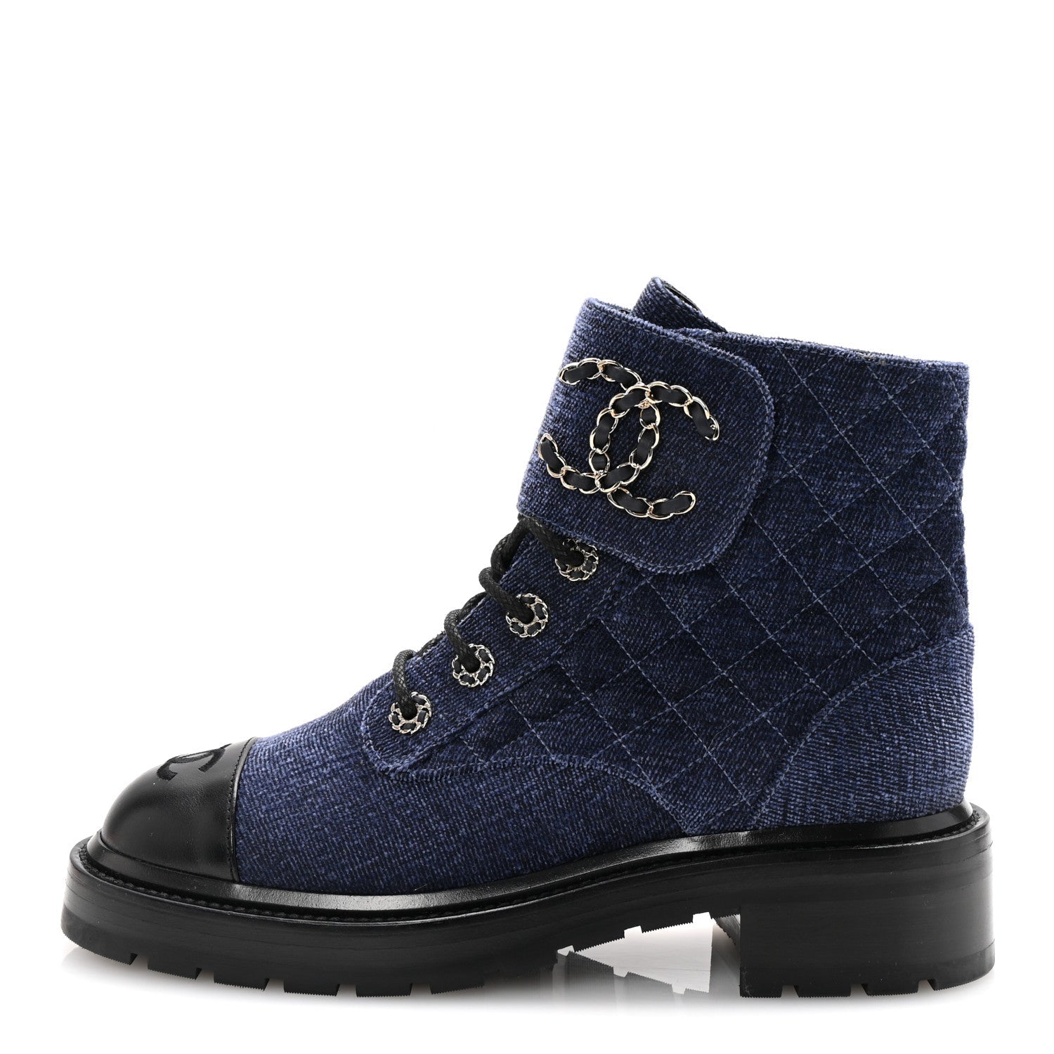 Shiny Calfskin Velvet Quilted Lace Up Combat Boots 38.5 Blue Black