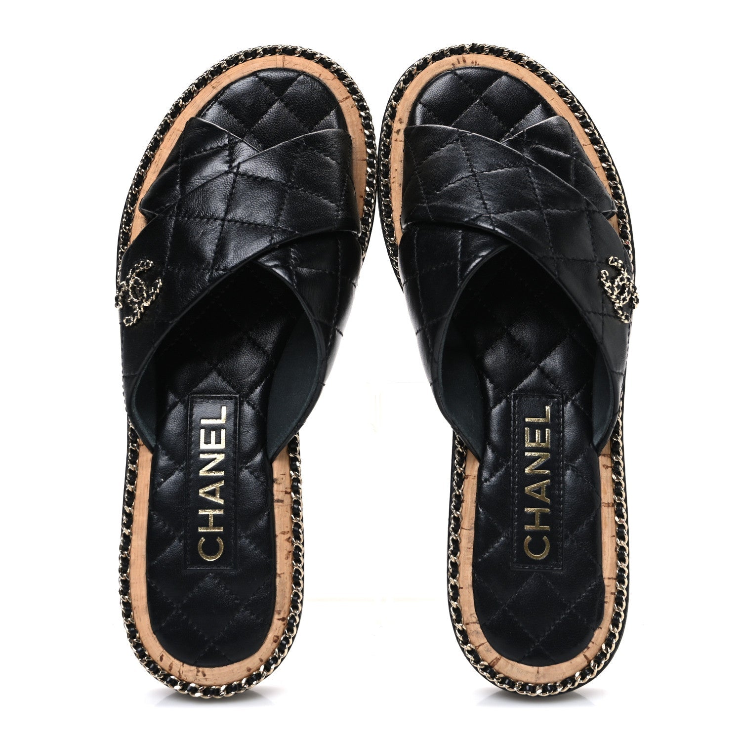 Lambskin Quilted Chain CC Sandals 36 Black