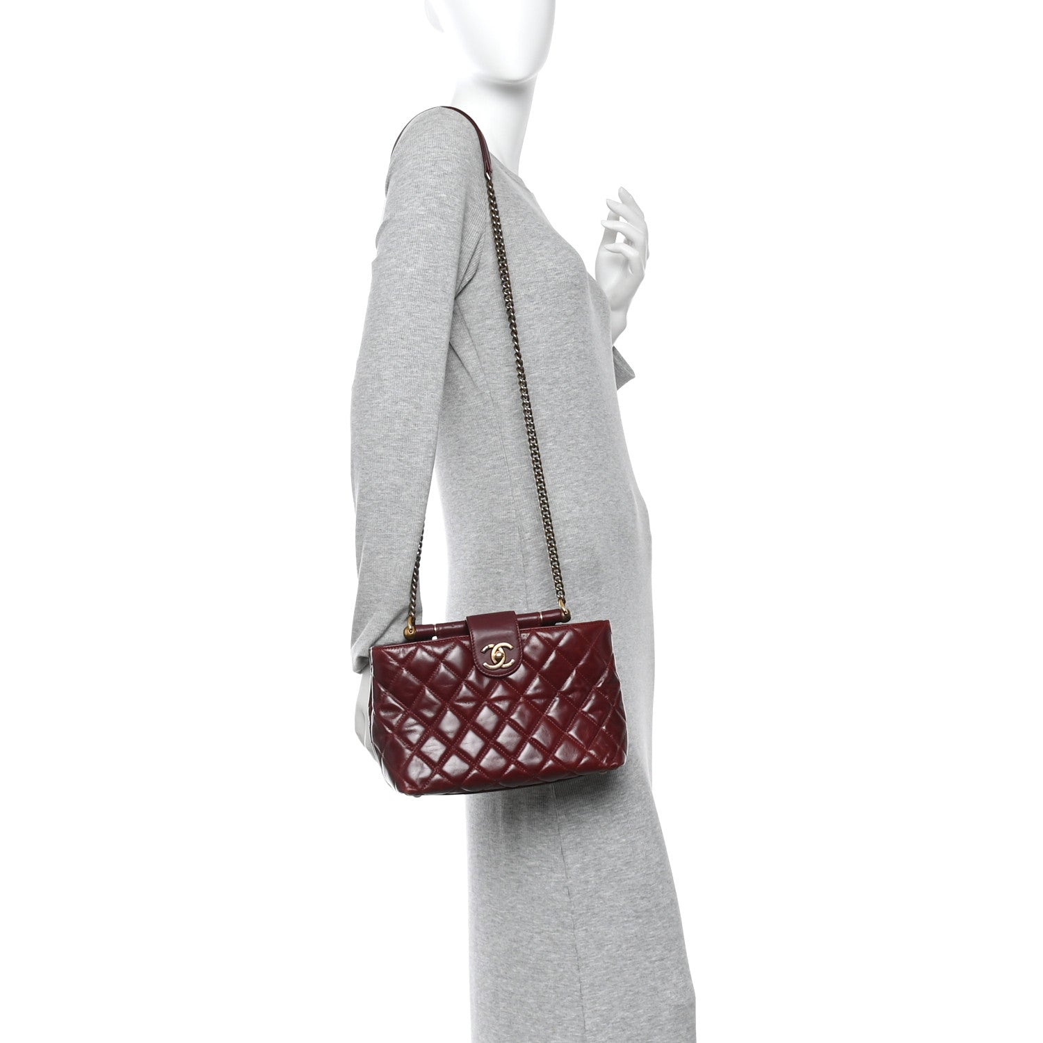 Glazed Calfskin Quilted Small Gold Bar Tote Red