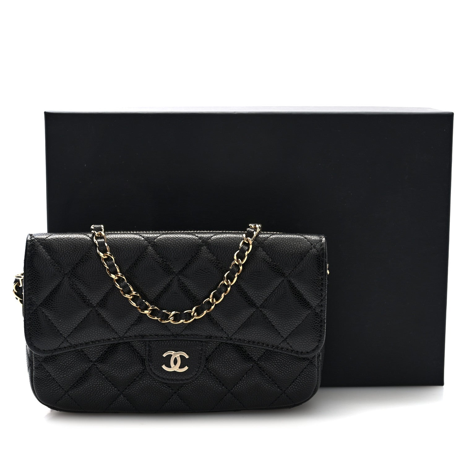 Caviar Quilted Flap Phone Holder With Chain Black